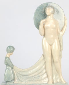 Gaston Deblaize for Marcel Guillard Art Deco Pottery Girl with Parasol Sculpture