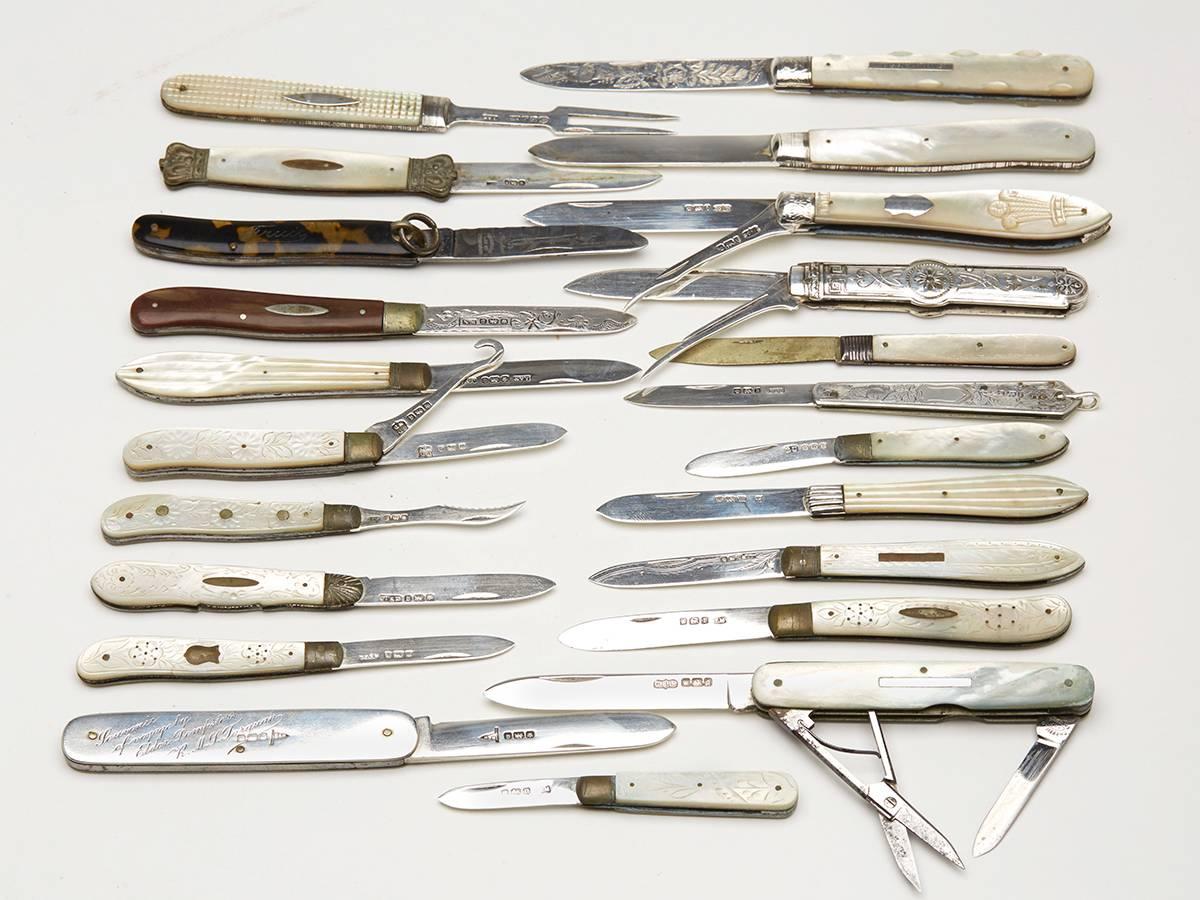 An incredible collection of 234 antique silver bladed fruit knives originating from a single owner and collected over more than 50 years. The collection includes a variety of styles and designs including 223 mother-of-pearl handled knives many