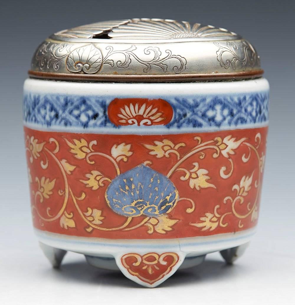 Porcelain Antique Japanese Arita Silver Lidded Imari Censer, 18th Century