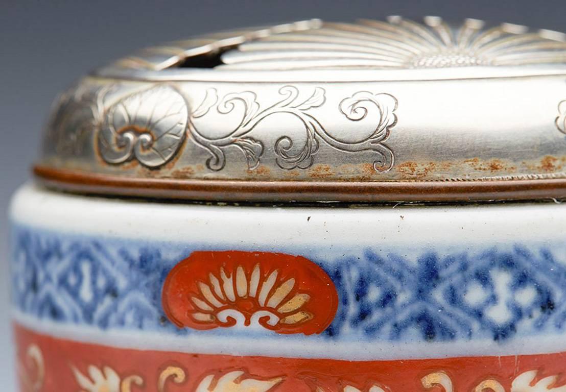 Glazed Antique Japanese Arita Silver Lidded Imari Censer, 18th Century