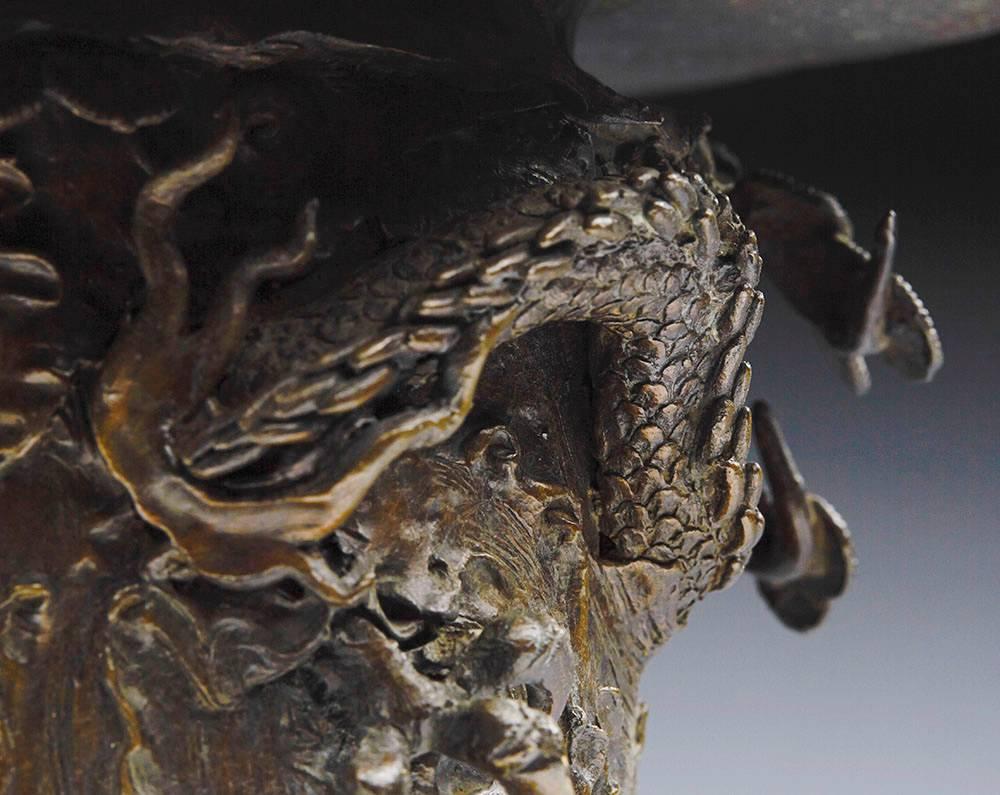 Antique Japanese Meiji Bronze Usubata with Dragons, 19th Century 5