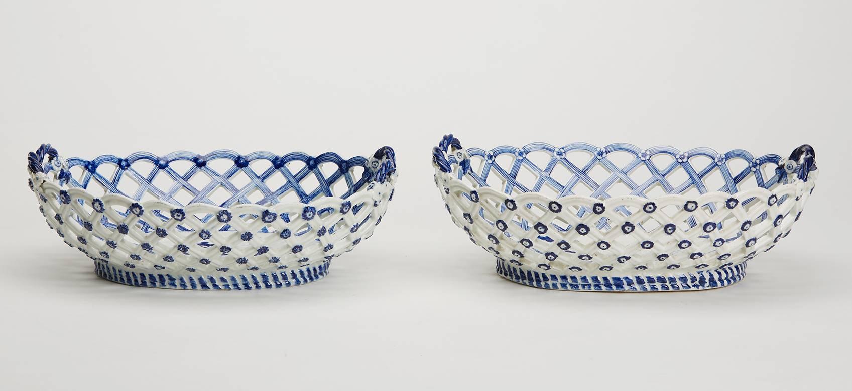 English Pair of Antique Derby Reticulated Chinoiserie Baskets, circa 1760