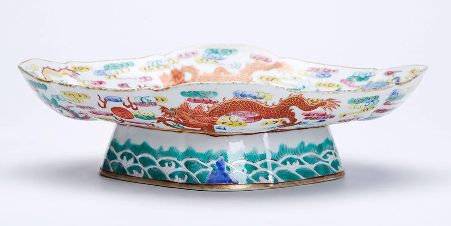 Porcelain Antique Chinese Daoguang Dragon Pedestal Bowl, 1821-1850