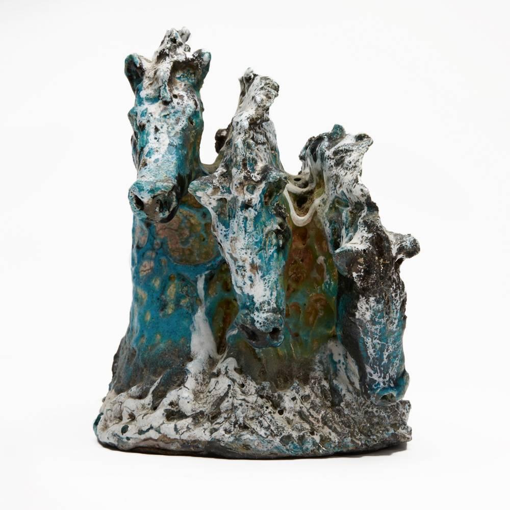 Studio Pottery Raku Horseheads Sculpture by Jane Malvisi 2