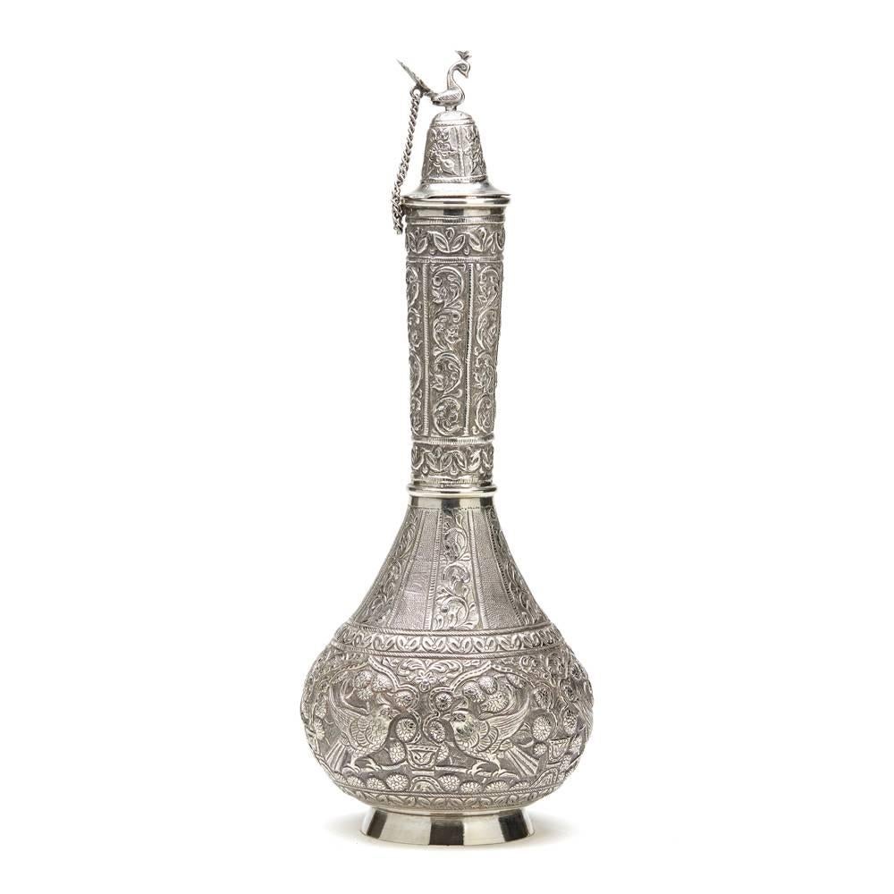 Anglo-Indian Antique Indo-Middle Eastern Silver Rose Water Bottle, circa 1900