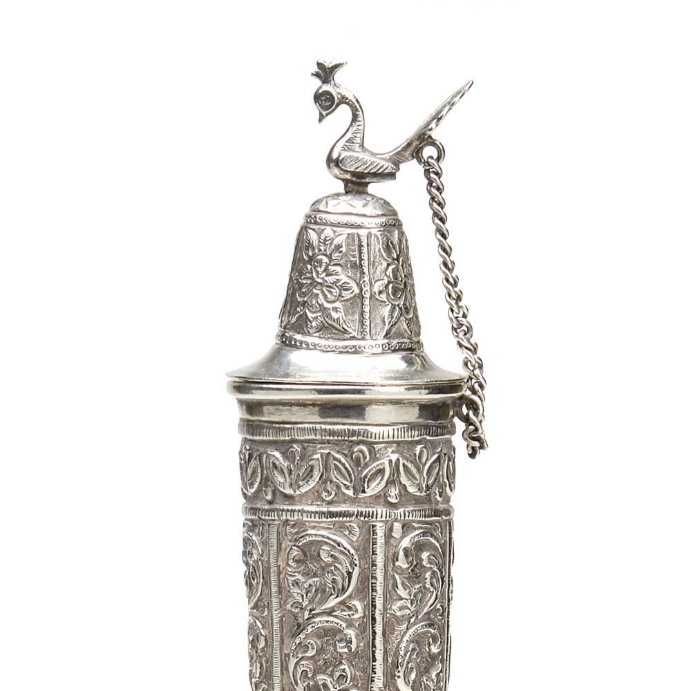 Embossed Antique Indo-Middle Eastern Silver Rose Water Bottle, circa 1900
