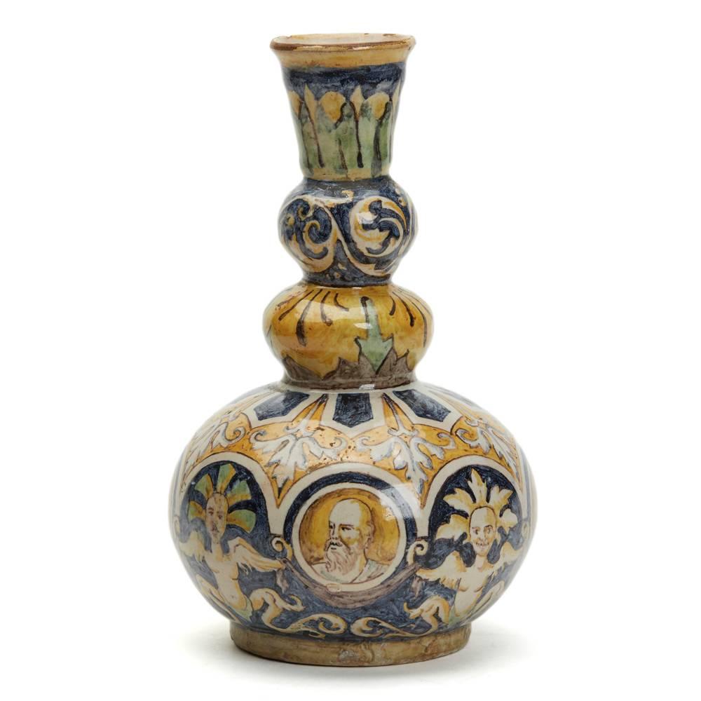Glazed Antique Italian Maiolica Portrait Painted Pottery Vase, 19th Century For Sale