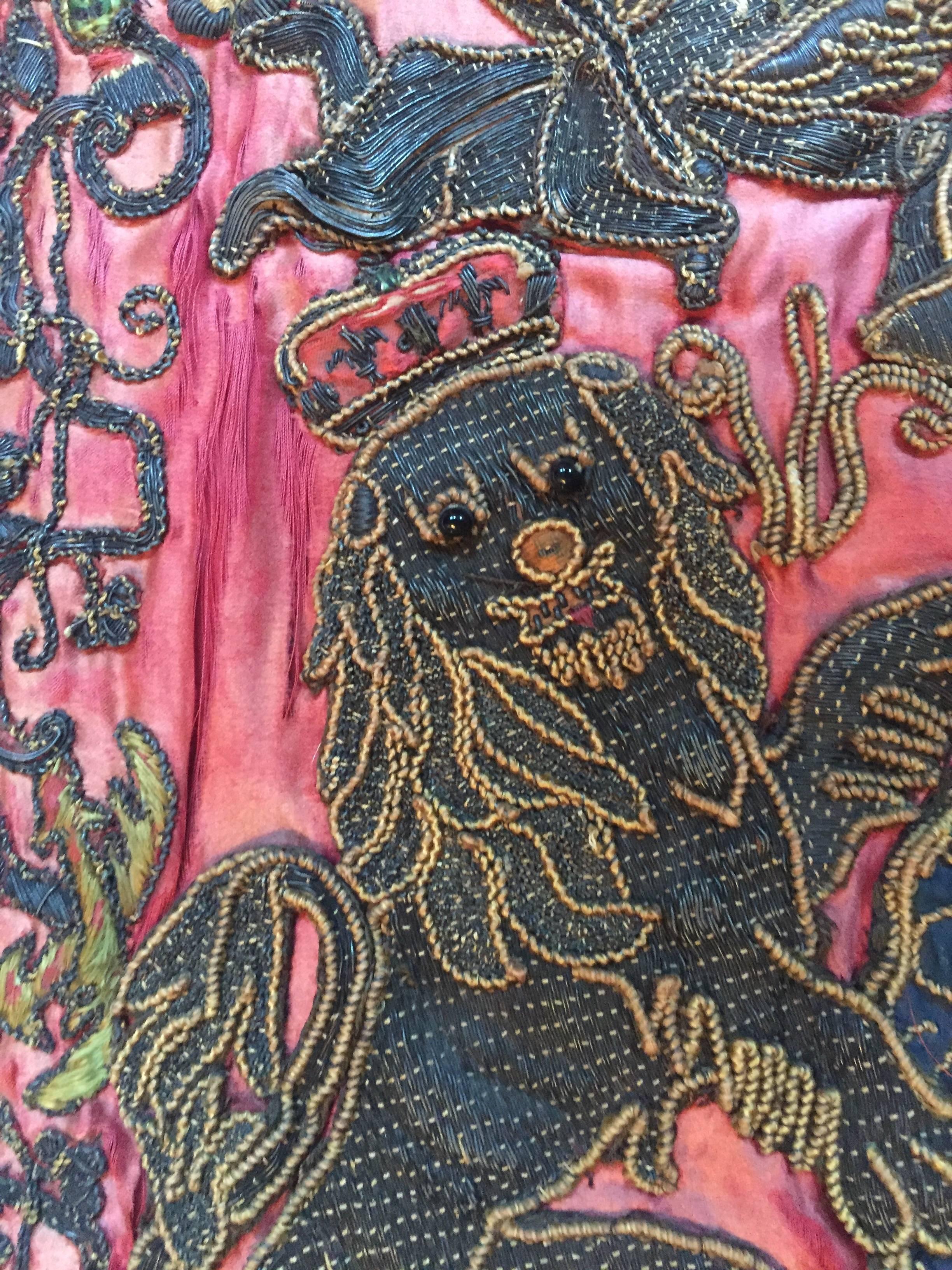 Another great survivor of History, this trumpet banner has gold and silver thread embroidery on Crimson Damask silk depicting the Hanover Royal Arms, flanked by the initials 