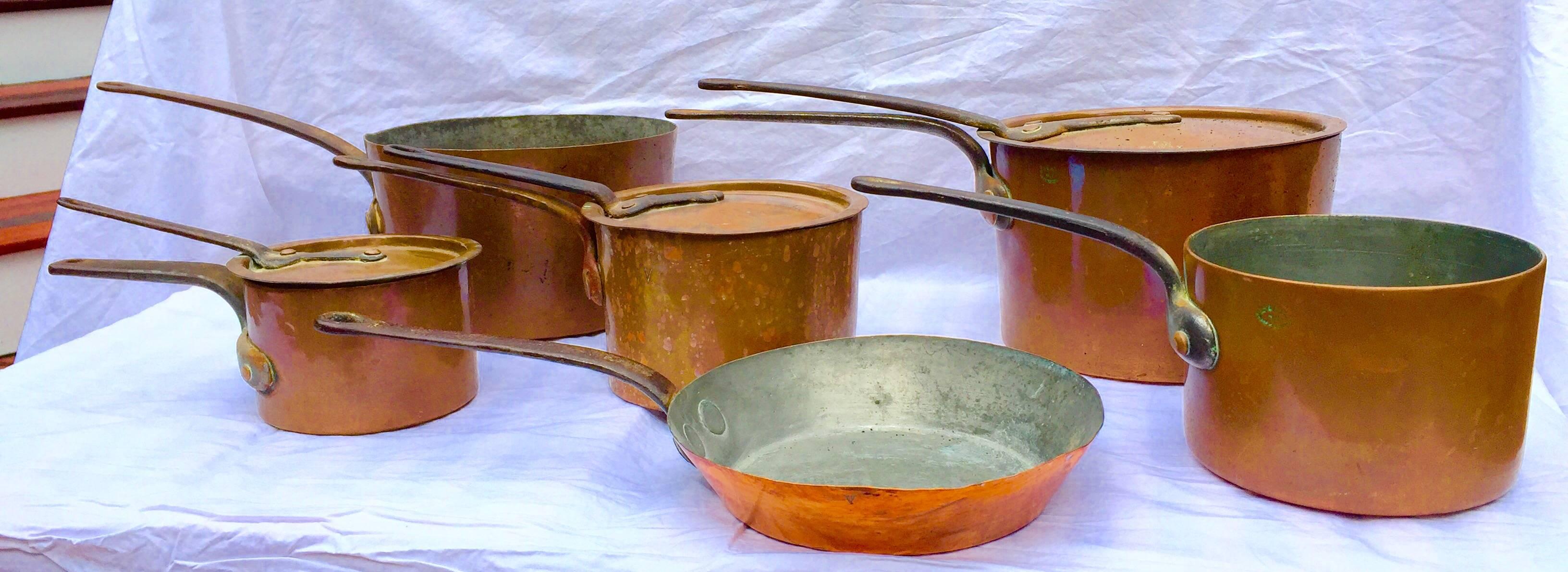 These six copper pots are of Historical importance, having come from the home of Cornelius Vanderbilt II. The Family Fortune was rooted in building the New York Central Roadway and the shipping trade. 
Only one of the copper pots is stamped 