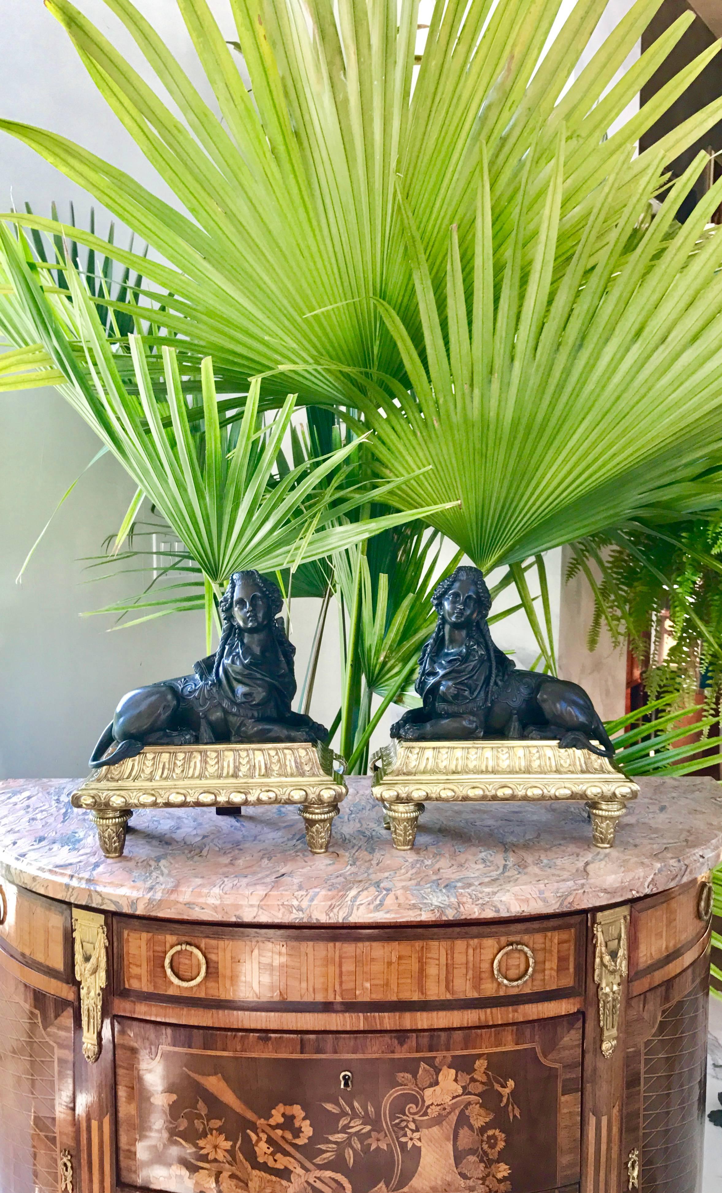 This is an extremely rare pair of large French Chenets from the Louis XV period.
They are cast in finely chased bronze.
The sphinxes are in original patinated bronze.