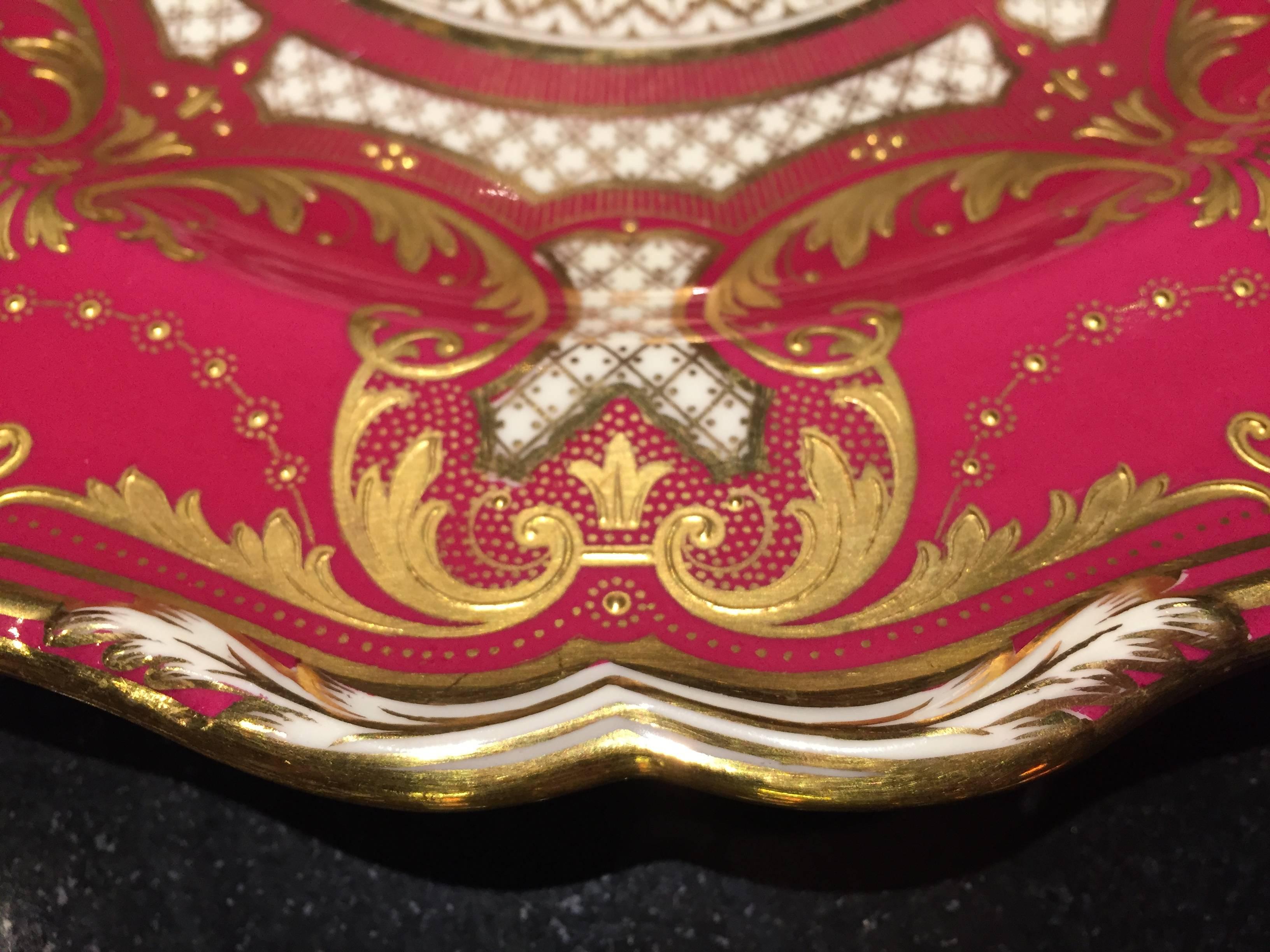 English Set of Ten Gold Encrusted Magenta Colored Spode Copeland's China Dinner Plates