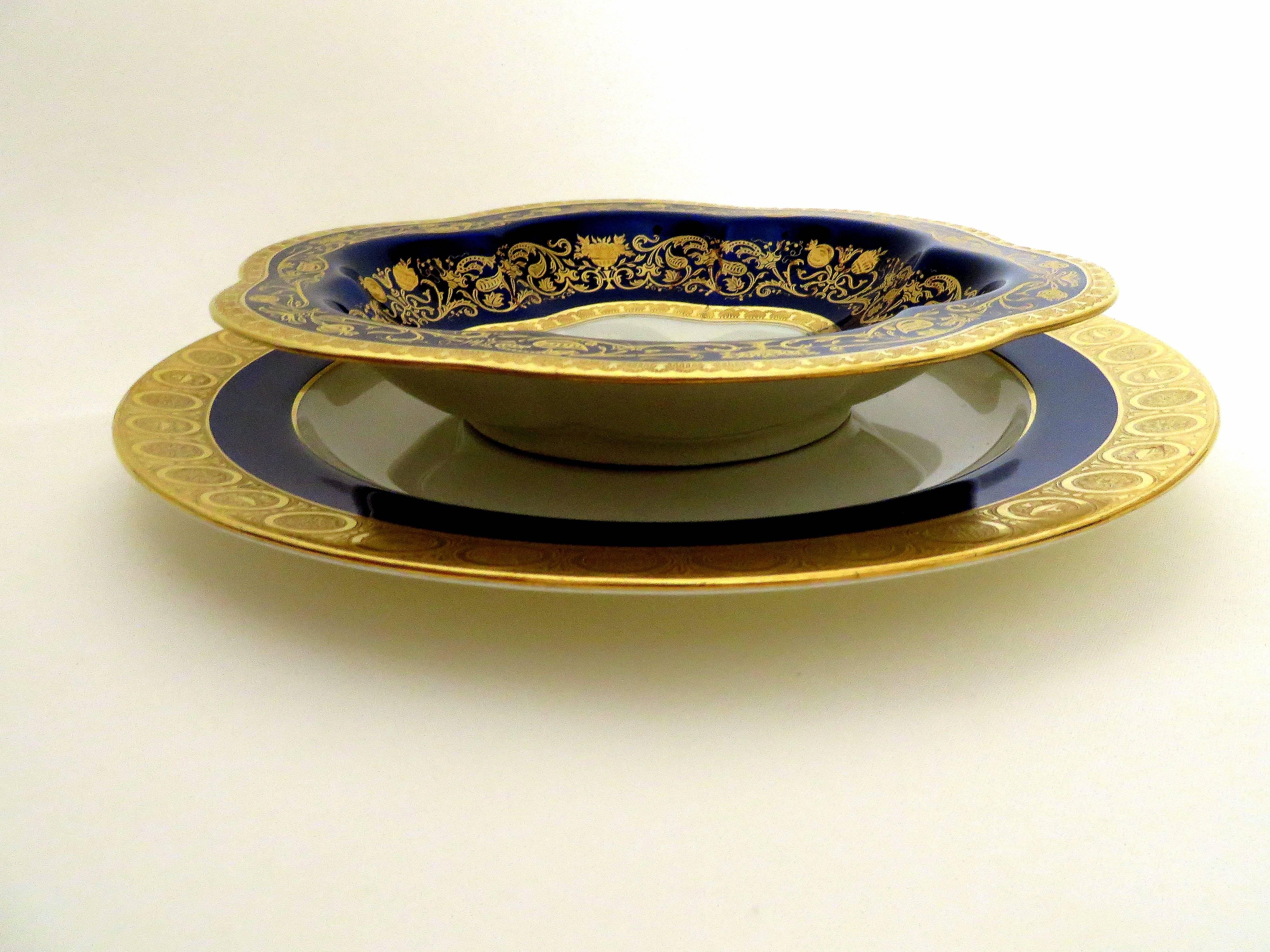 These elegant high quality bone China, dinner plates where manufactured by Minton Designed by Davis Collamore and Co. LTD 5th Ave and 48th Street NY in the 1920s.
They would pair beautifully with the soup dishes as exhibited in image #2.
The