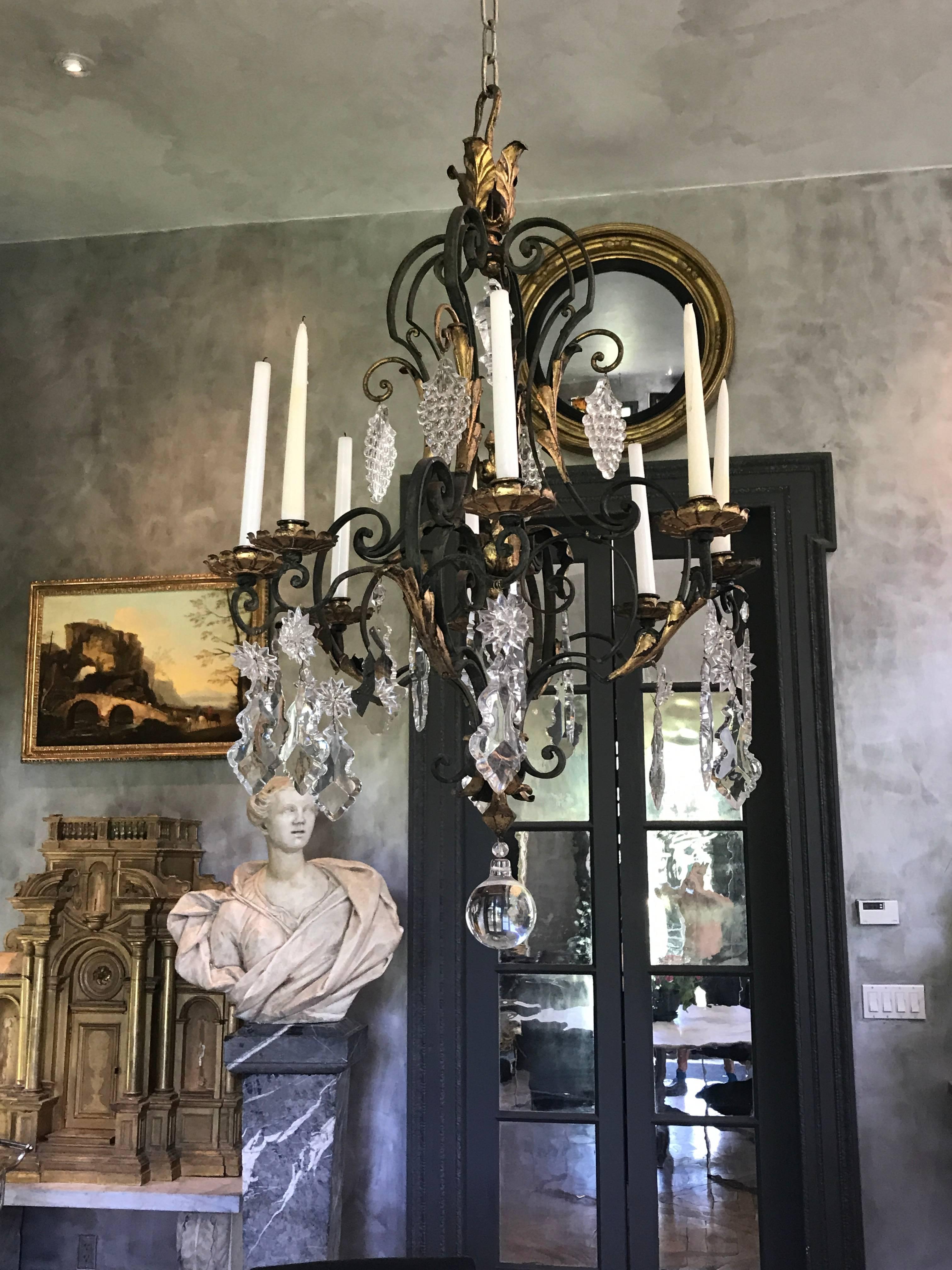Gilt Wrought Iron and Chrystal Chandelier Louis XVI Style