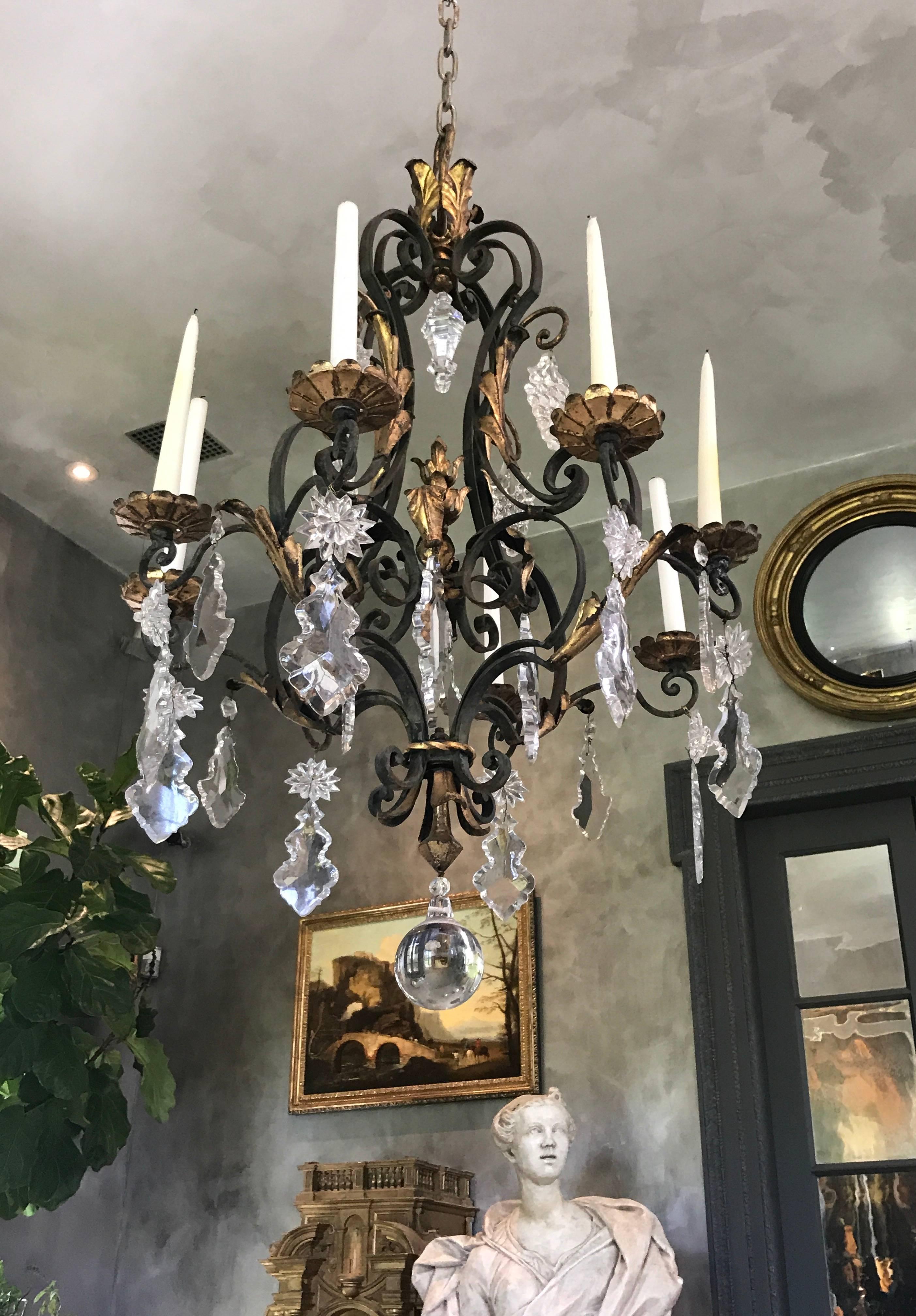 Wrought Iron and Chrystal Chandelier Louis XVI Style In Good Condition In New Haven, CT