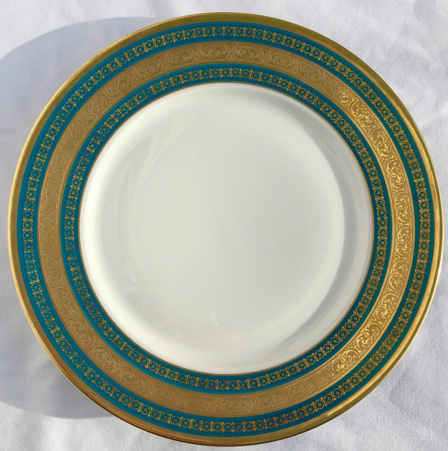 Ten Neoclassical Style Teal Blue and Gold Border Limoges Porcelain