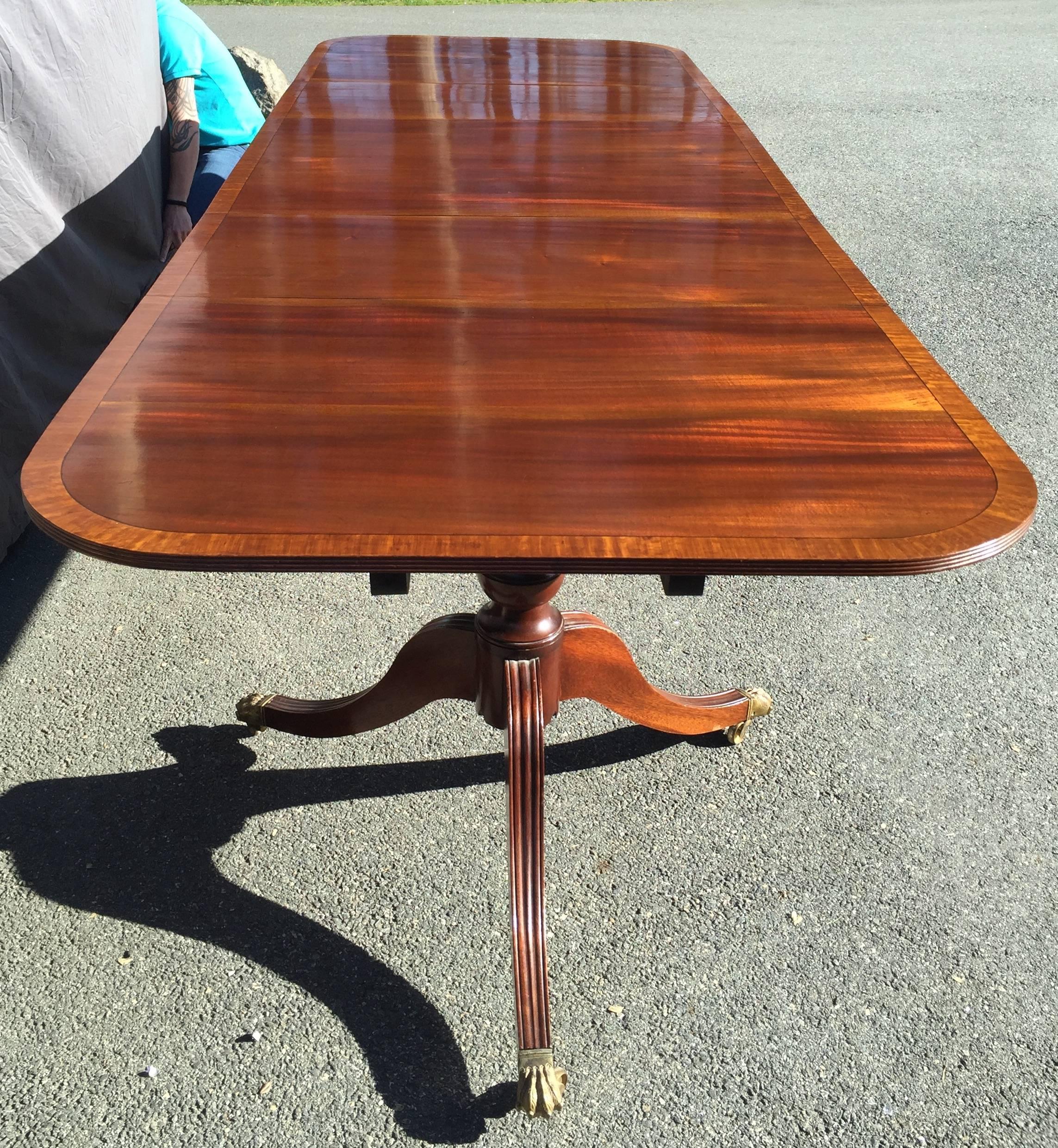 American Mahogany Dining Table with three Pedestals, Banded Top Regency Style 10.5' long