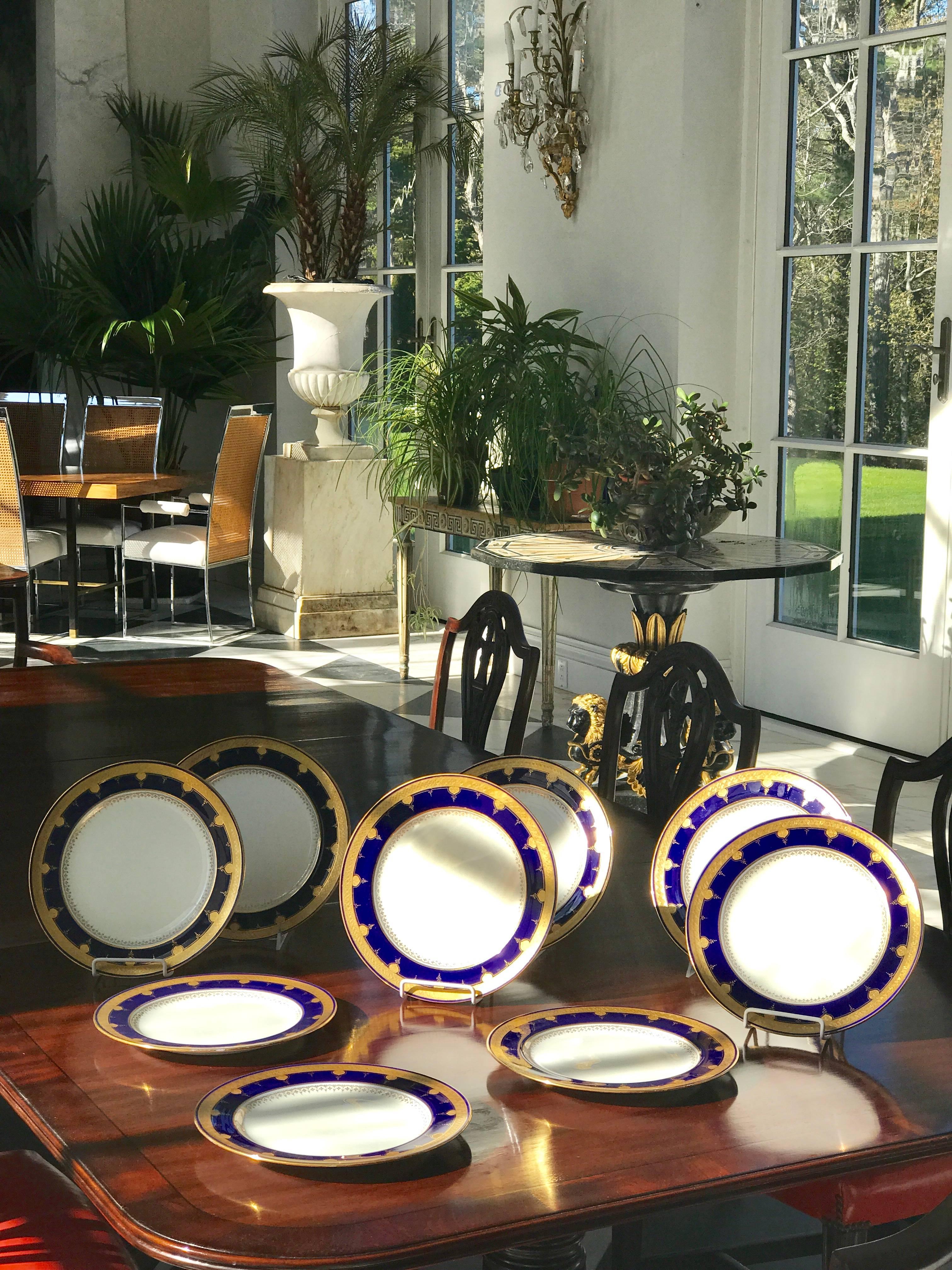 Neoclassical 12 Cobalt Blue Dinner Plates  For Sale