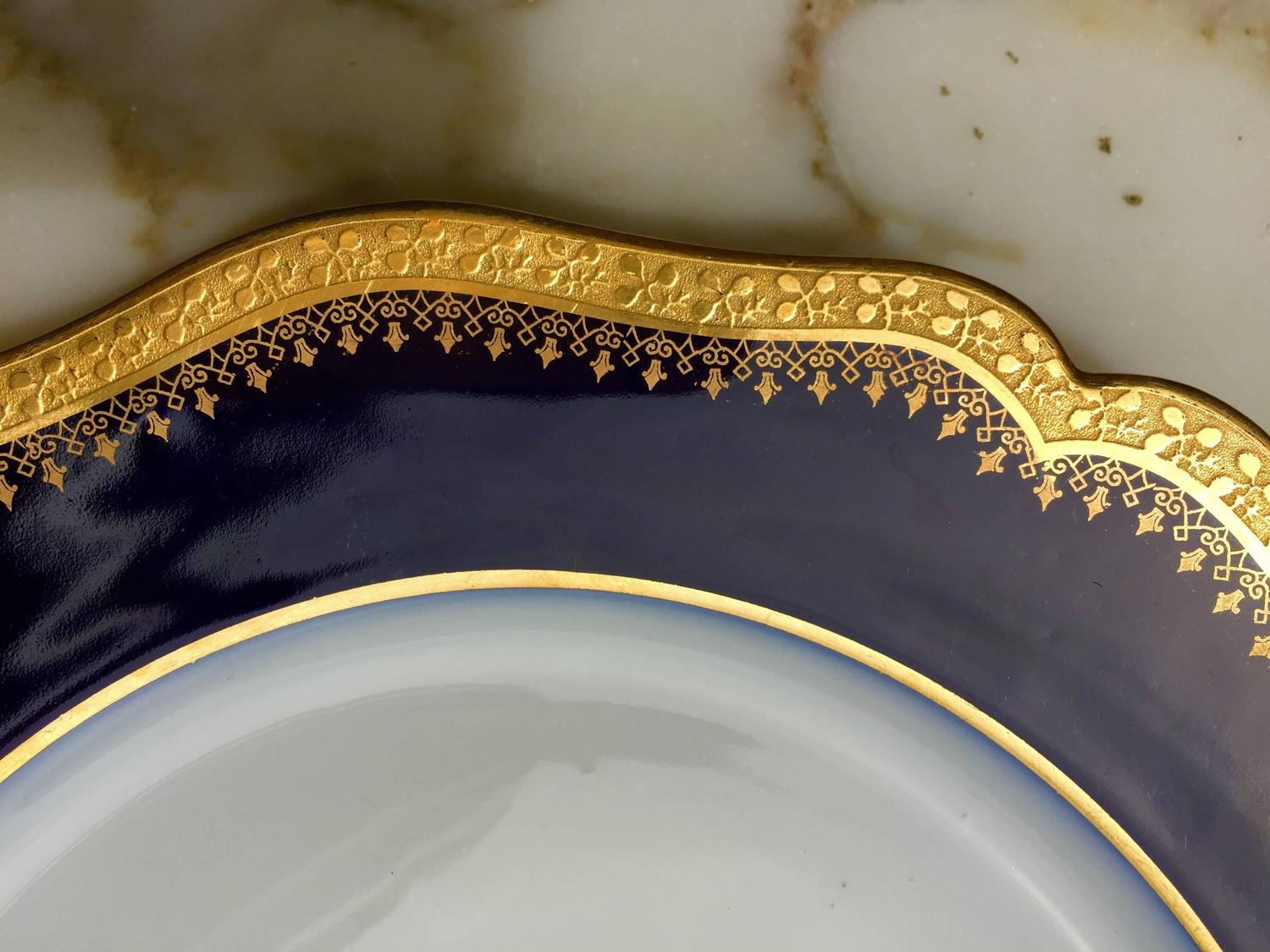 12 Porcelain Luncheon Plates Cobalt Blue and Gold Encrusted by Limoges