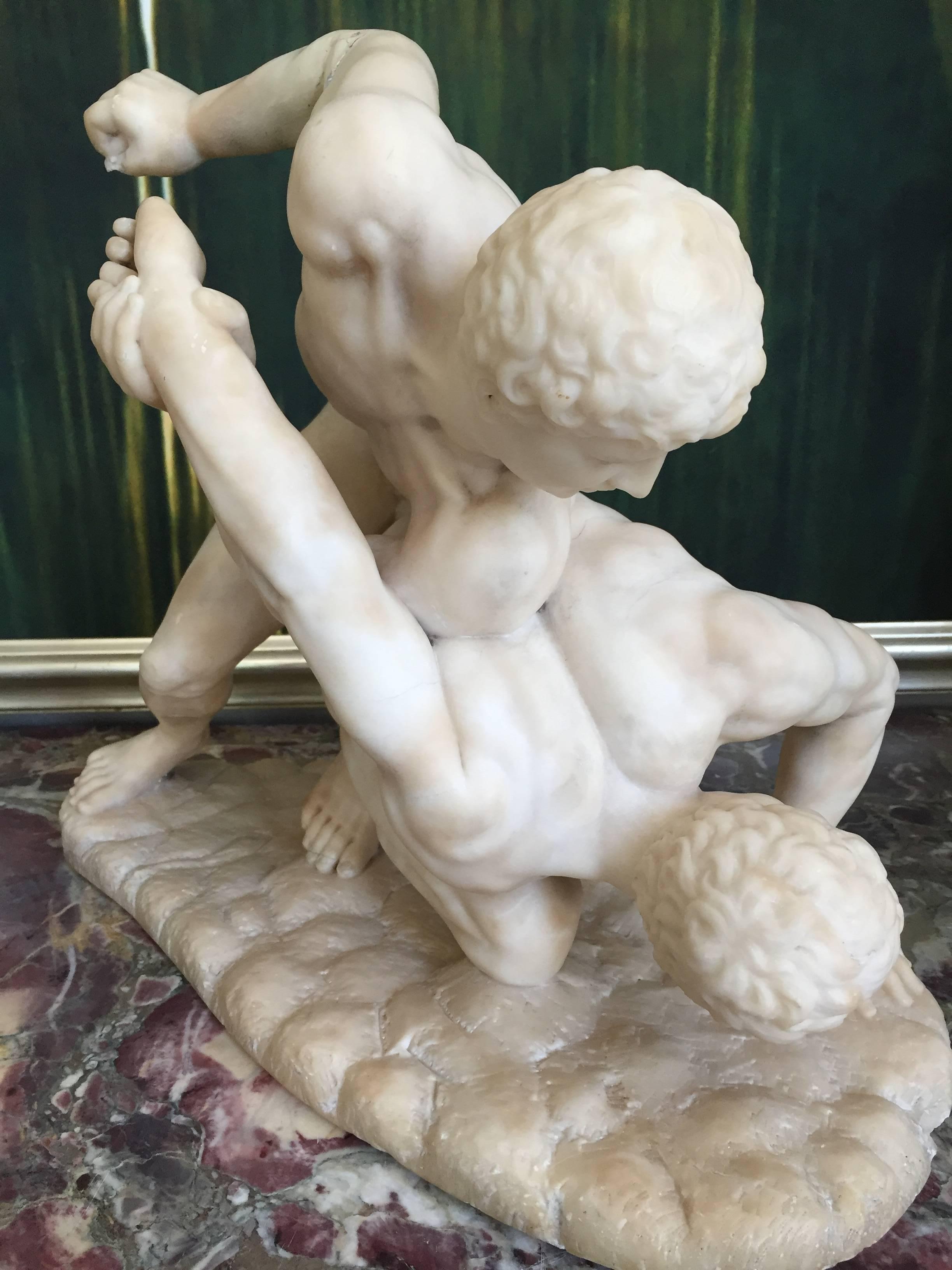 Late 19th Century Sculpture in Alabaster of the Male Nude Wrestlers, Florence, circa 1870