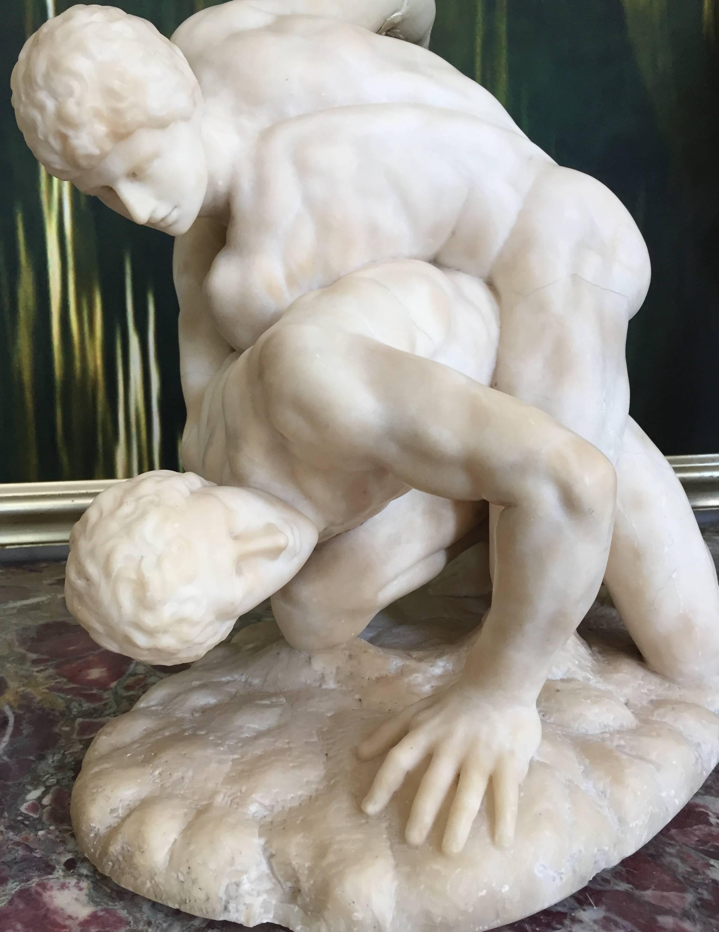 Italian Sculpture in Alabaster of the Male Nude Wrestlers, Florence, circa 1870