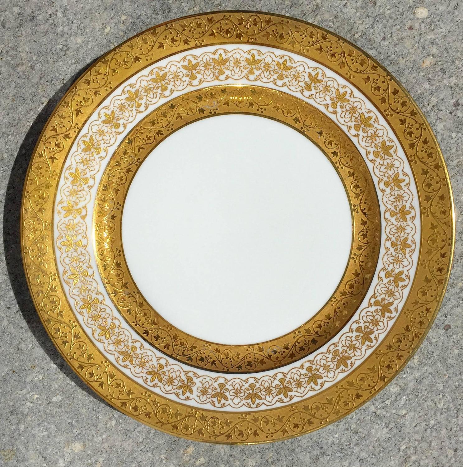 12 Porcelain Dinner Plates by Limoges with Raised 24K Gold Border For