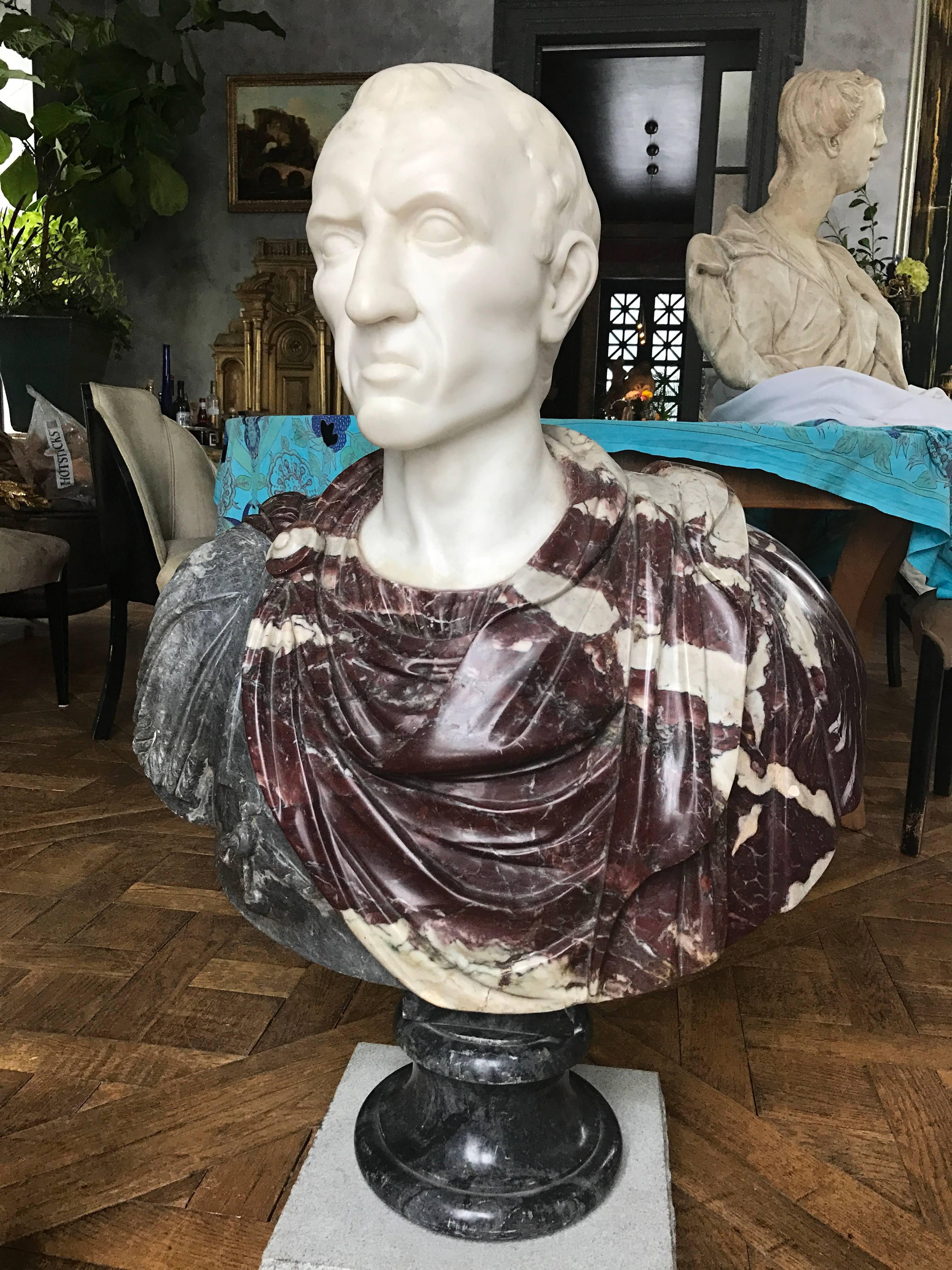 Ce très beau buste en marbre de 40 pouces a été sculpté à la main en Italie à l'époque du Grand Tour. En marbres rouge-gris et Statuario.
Circa 1860.
Il s'agit peut-être de Marcus Junius Brutus le Jeune.
