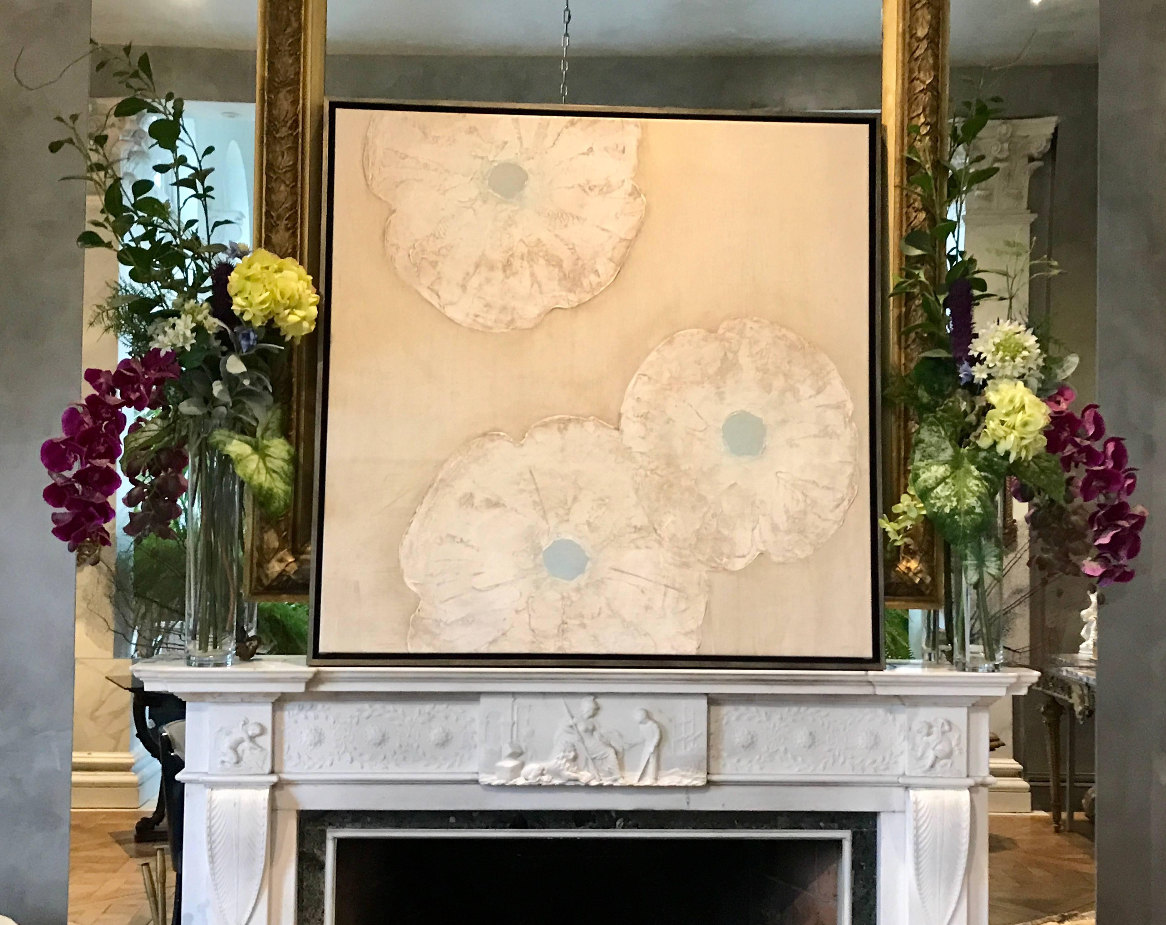 This contemporary painting of flowers was painted by Peter Kuttner in taupe, off-white and aqua and was given has a gold wash over some areas giving it a subtle reflective quality. 
The gold wash magically changes the mood of the Painting as the