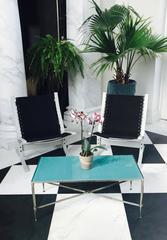 A Mid Century Modern Ocean Blue Glass Top Coffee Table