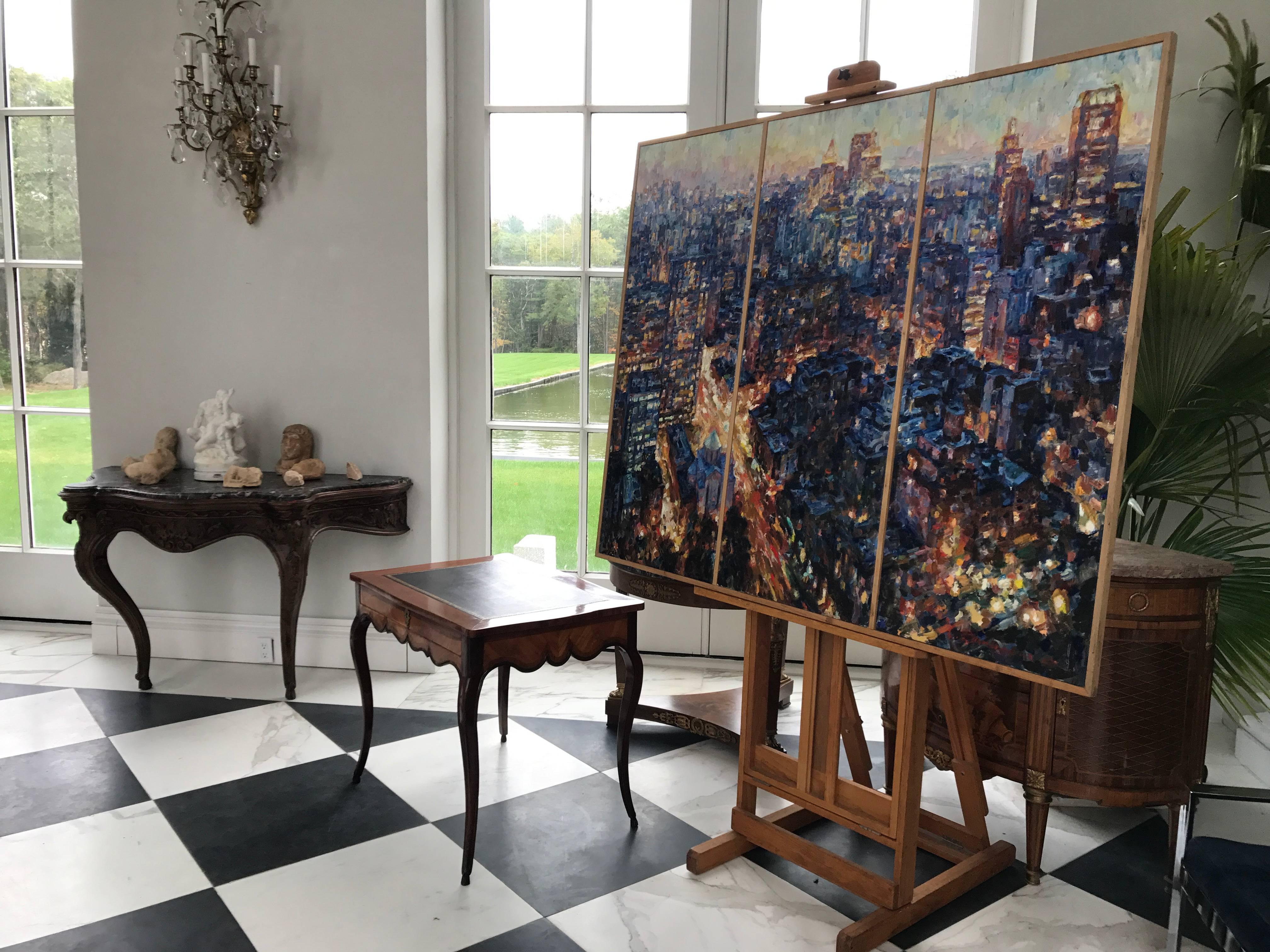 This stunning abstract oil on canvas is a view of 3rd Avenue in New York City. It was painted by world famous artist Sergei Danilin from Saint Petersburg, Russia in 2005.
This three section canvas can command a room and can be displayed in three