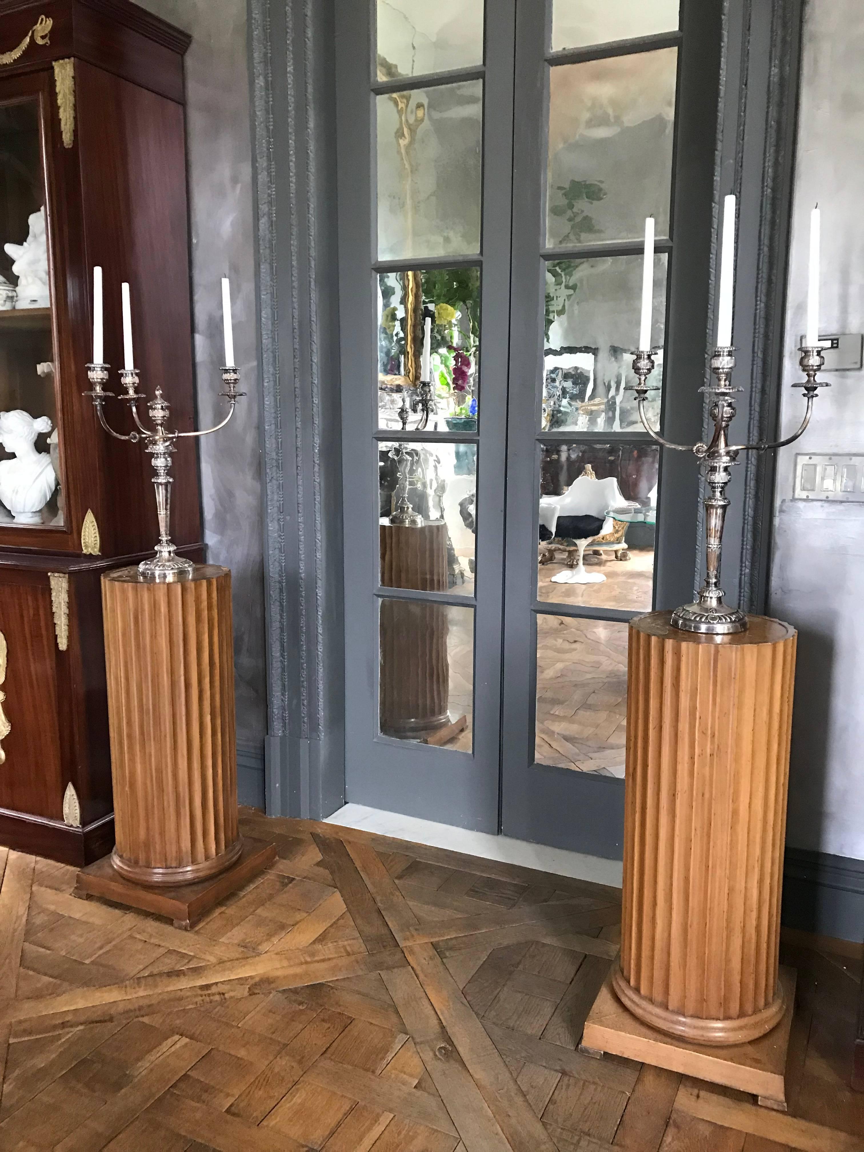 This fine pair of walnut column pedestals were made in the Art Deco period. The column is beautifully reeded and the top is veneered in burl walnut.
