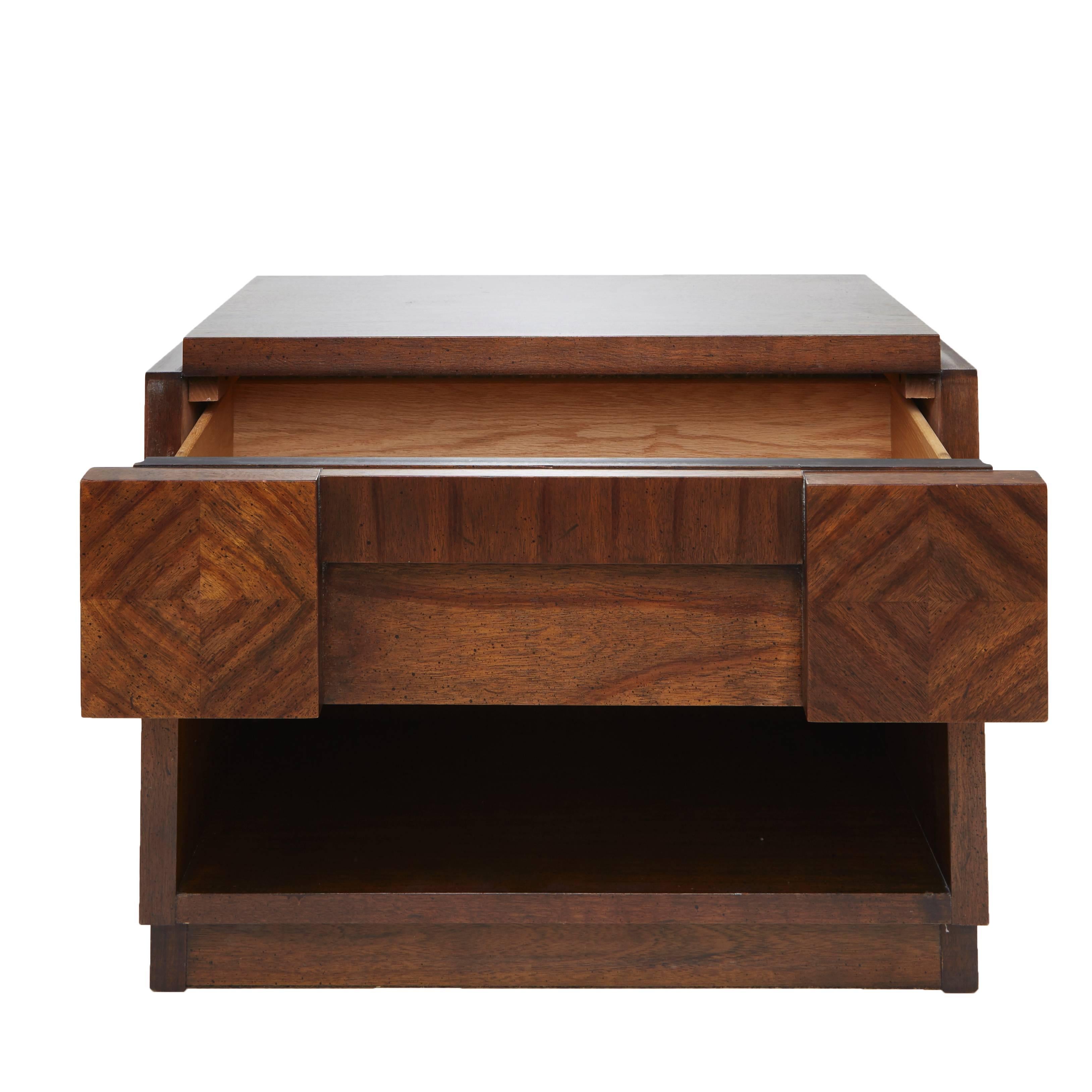 Brutalist nightstand, end table, or side table by Lane features a top drawer and a display shelf underneath. Each wood block has a beautiful, unique grain. 