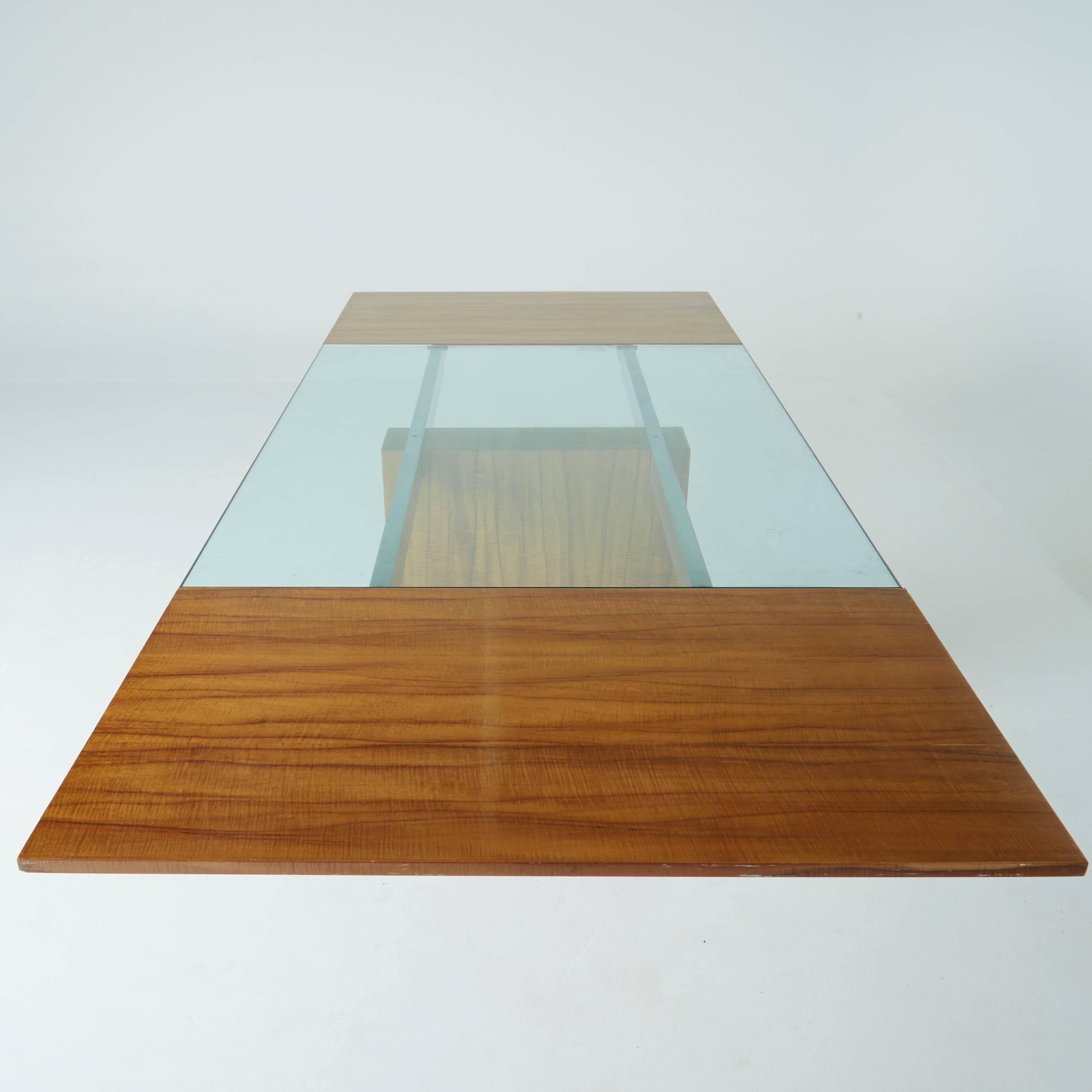 American Vladimir Kagan Expandable Glass, Aluminum and Exotic Wood Dining Table