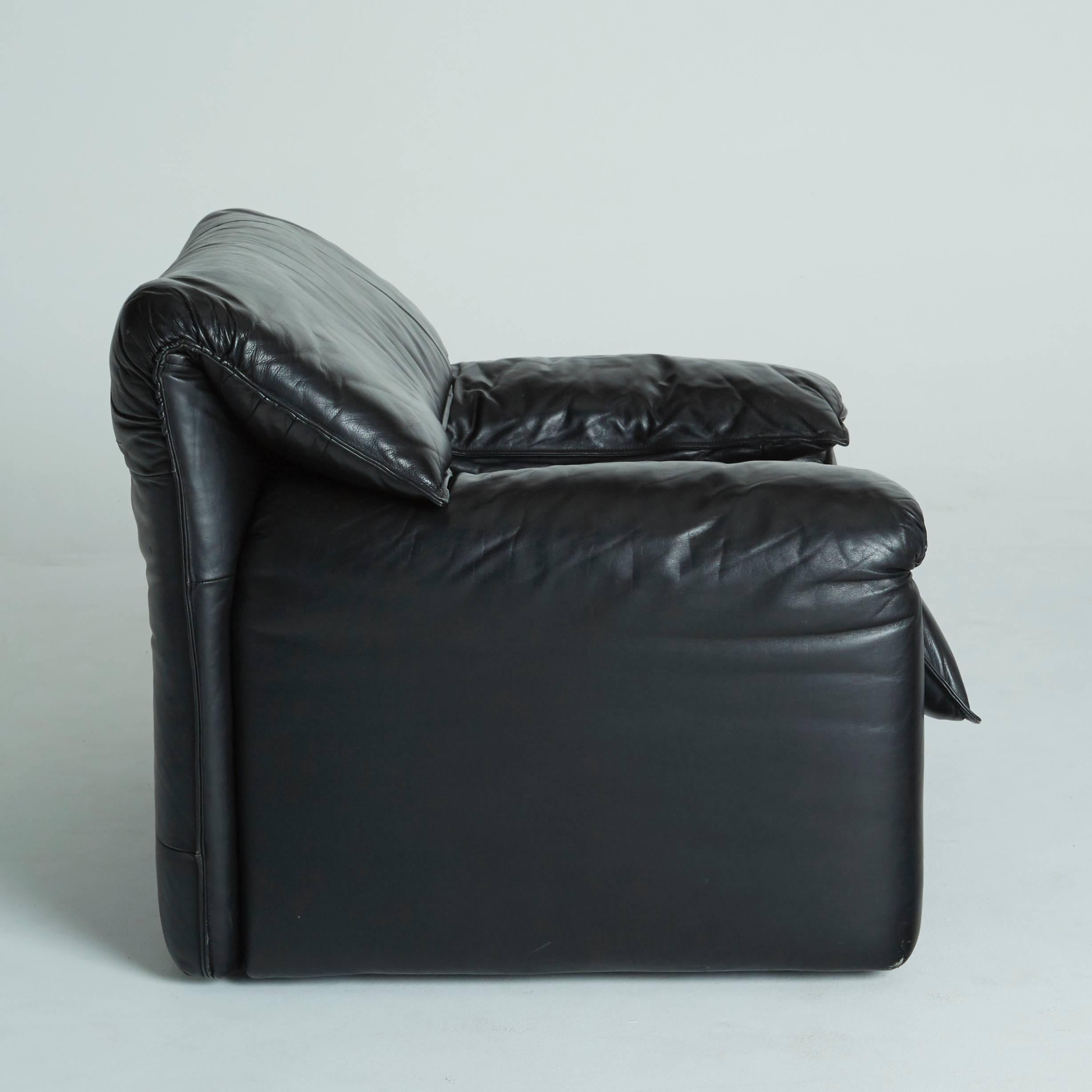 Modern Maralunga Style Black Leather Armchairs with Adjustable Headrests 