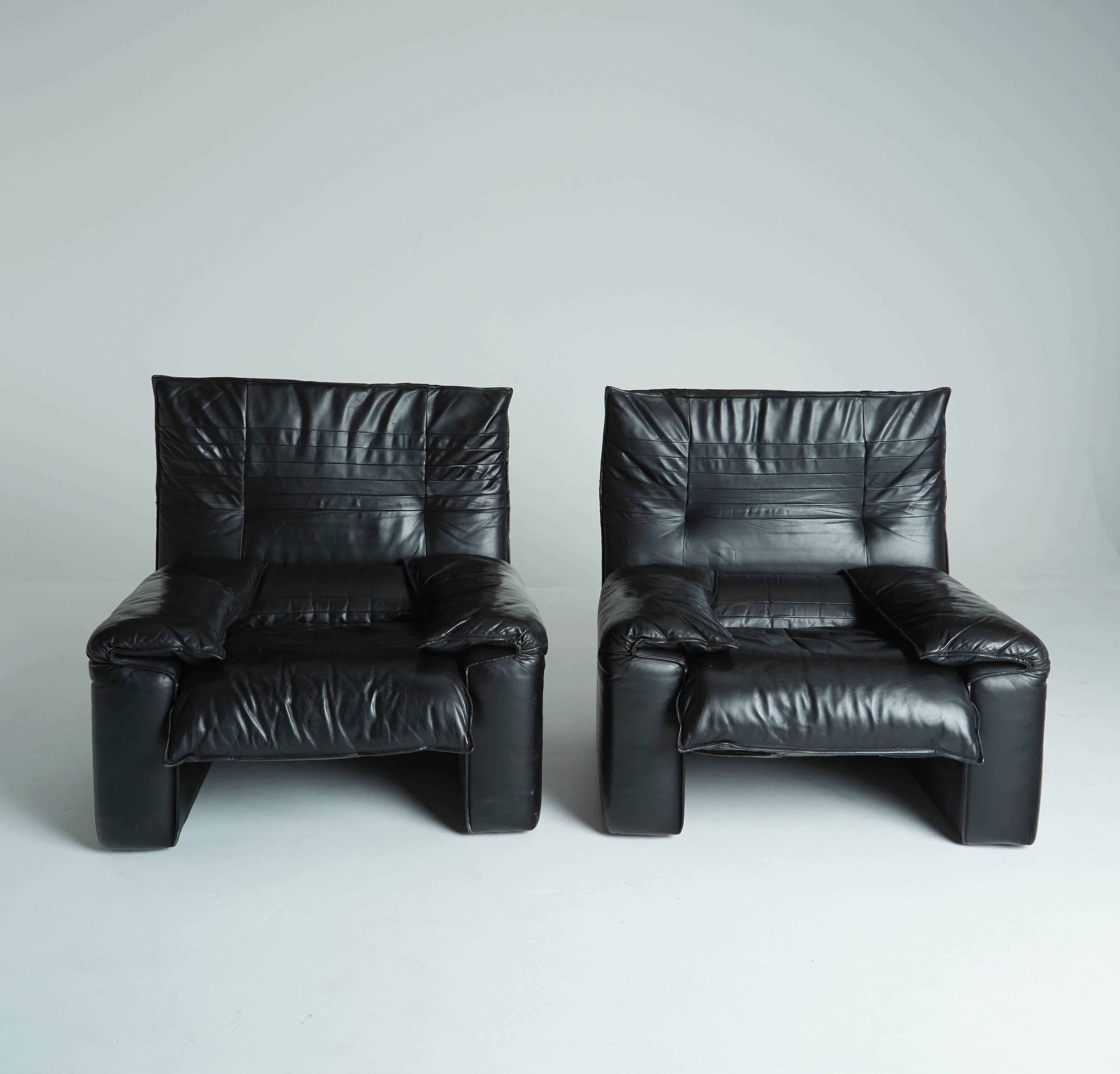 Maralunga Style Black Leather Armchairs with Adjustable Headrests  3
