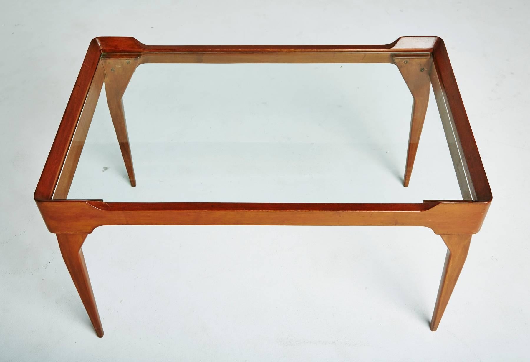 Mid-Century Modern Italian Glass Top Teak Wood Coffee Table in the Style of Ico Parisi