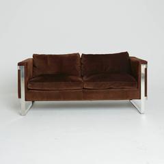 Brown Suede and Chrome Settee in the Style of Milo Baughman - ON SALE