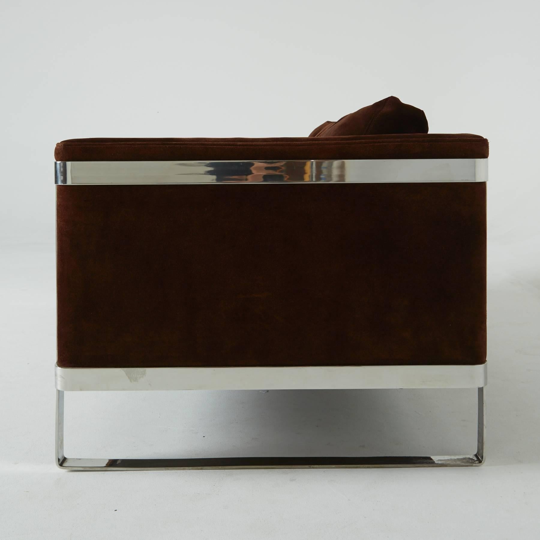 Mid-Century Modern Brown Suede and Chrome Settee in the Style of Milo Baughman - ON SALE