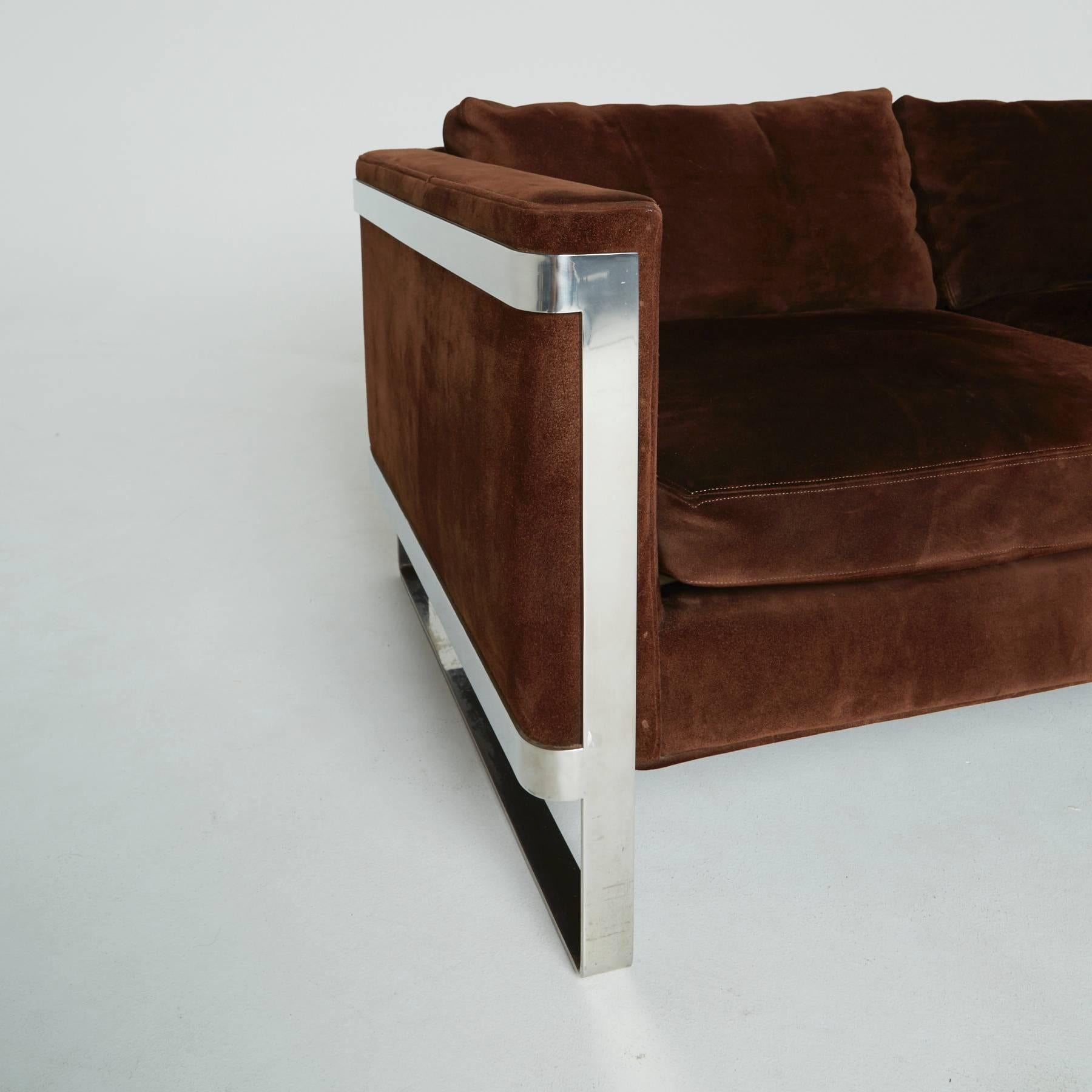 American Brown Suede and Chrome Settee in the Style of Milo Baughman - ON SALE