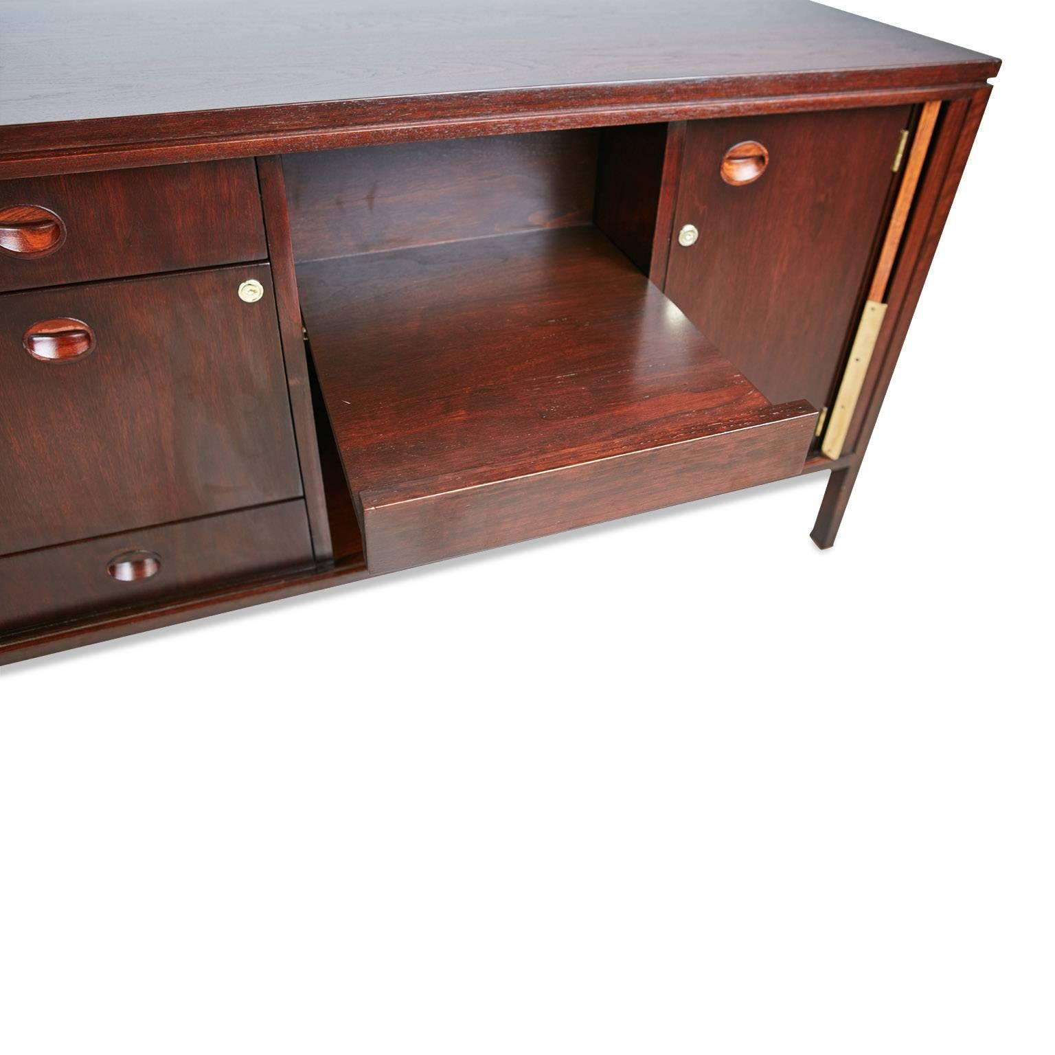 Brass Edward Wormley for Dunbar Tambour Credenza with Pop-Up Table, circa 1960