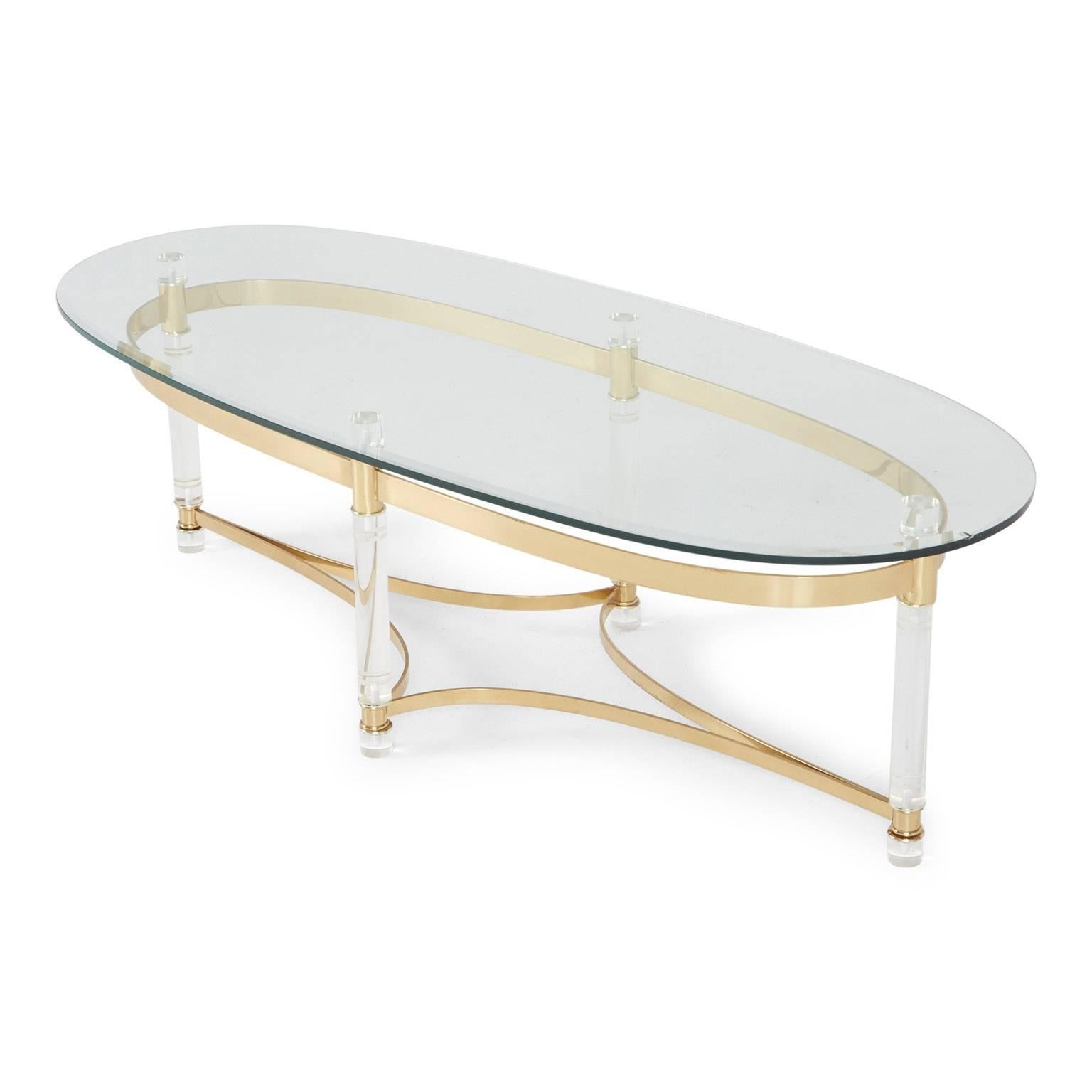 American Charles Hollis Jones Style Lucite and Brass Regency Coffee Table, circa 1970