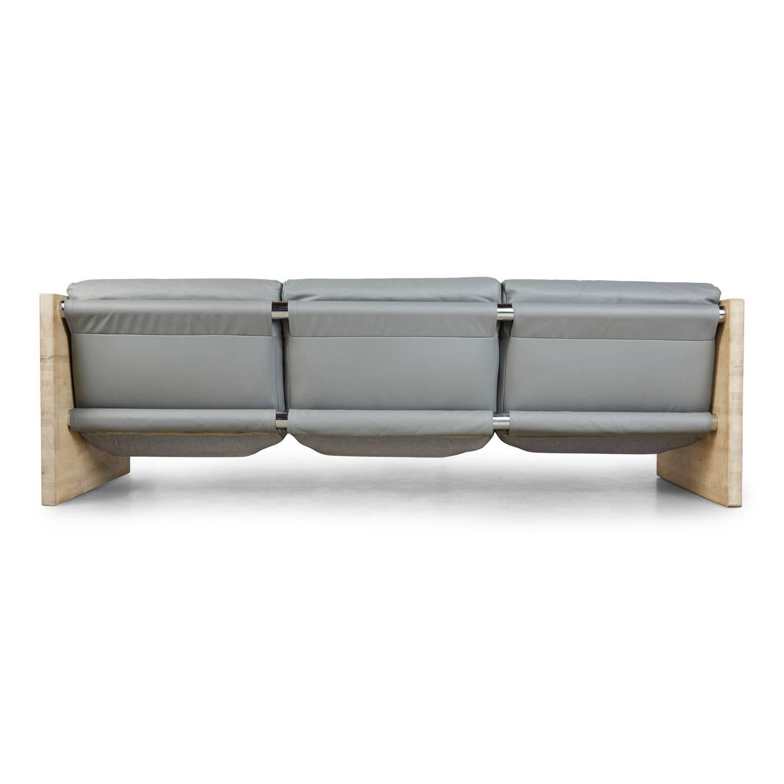Case Sofa with Grey Leather and Bleached Oak, Restored, Circa 1970 1