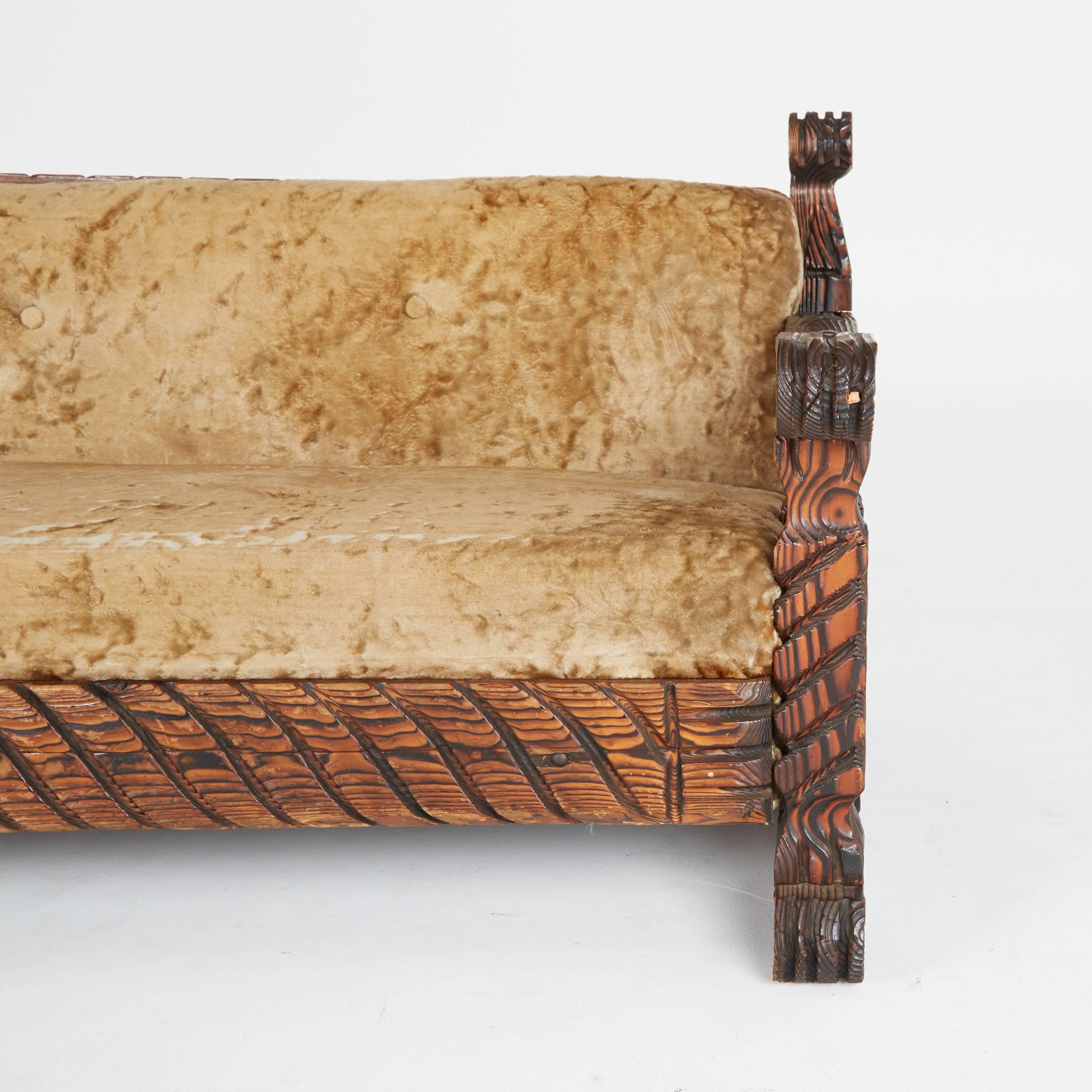 Primitive Carved Tiki Arm Sofa by William Westenhaver for Witco, circa 1950