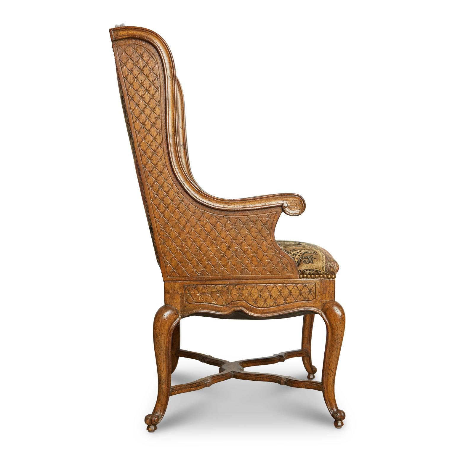 French Louis XVI Style Carved Oak Wingback Chair, circa 1900 In Excellent Condition In Los Angeles, CA