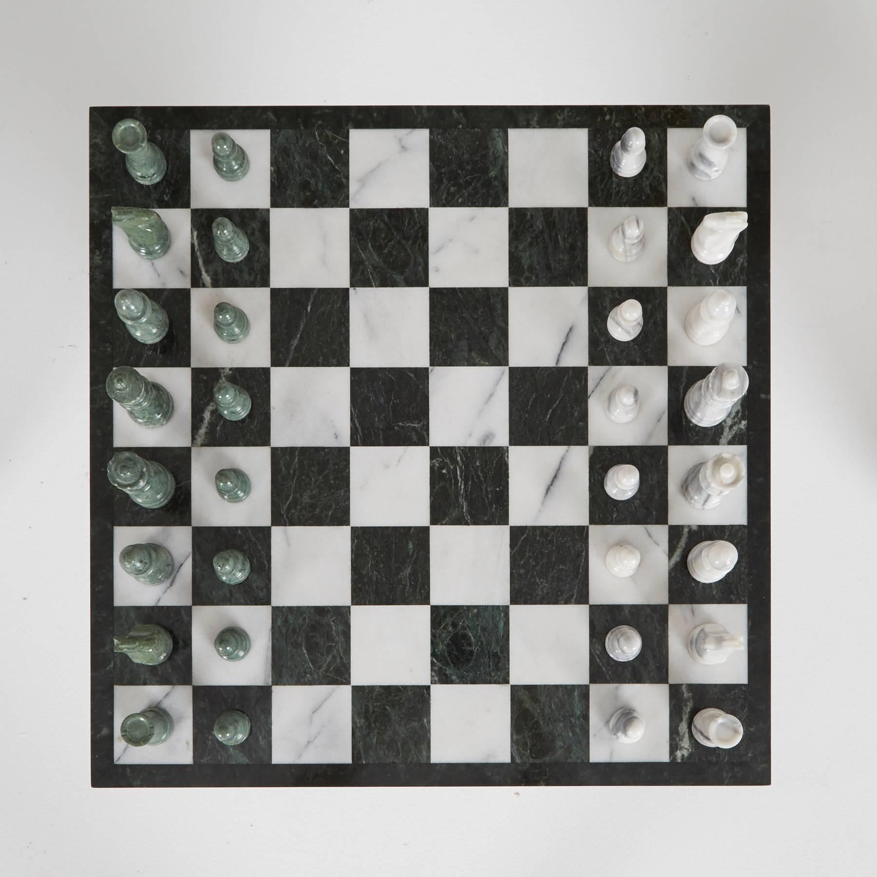 Late 20th Century Carrera & Verde Guatemala Marble Pedestal Chess Set & Two Stools, circa 1980