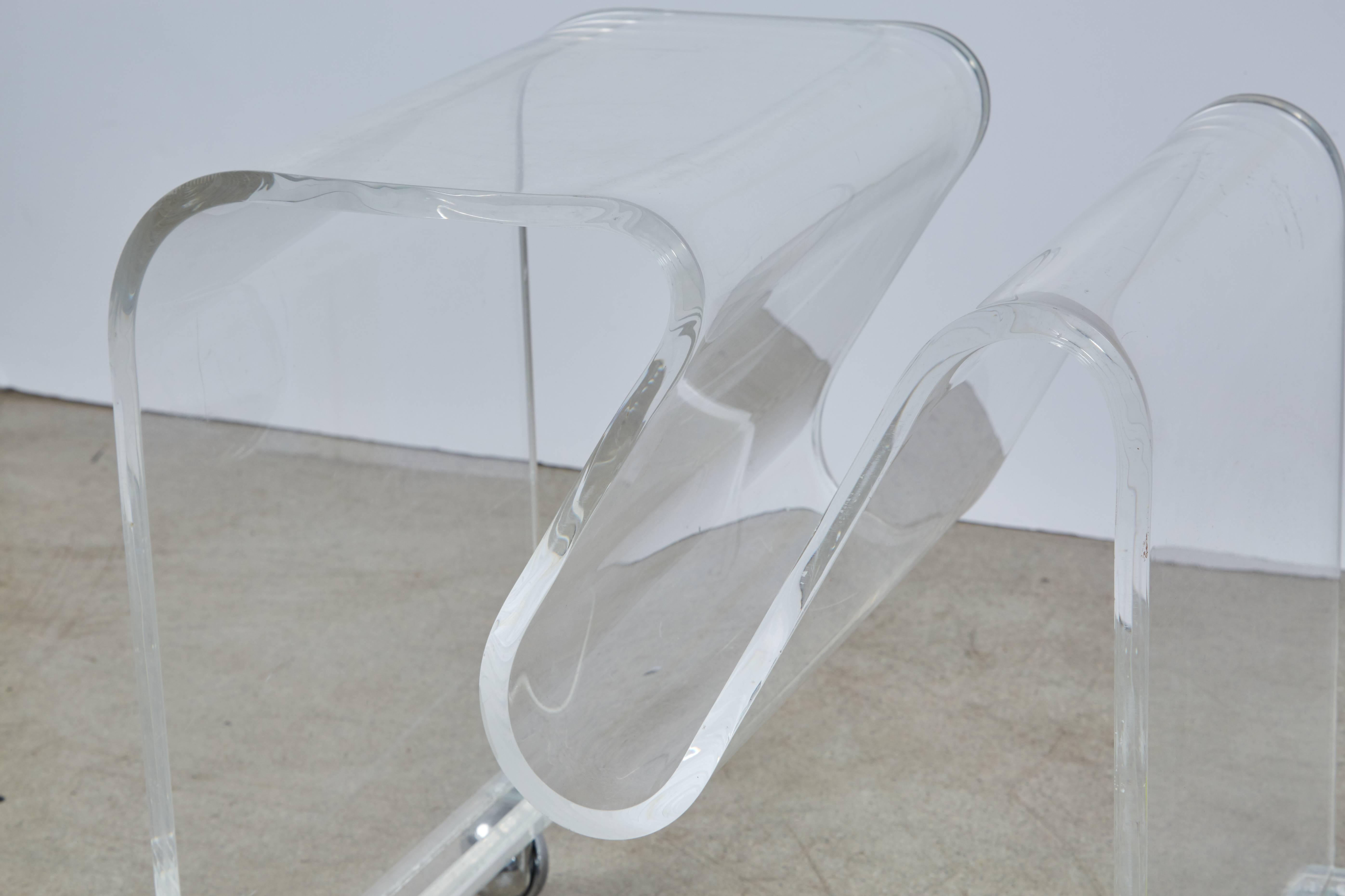 Mid-Century Modern Bent Lucite Magazine Rack or Side Table on Casters, circa 1960