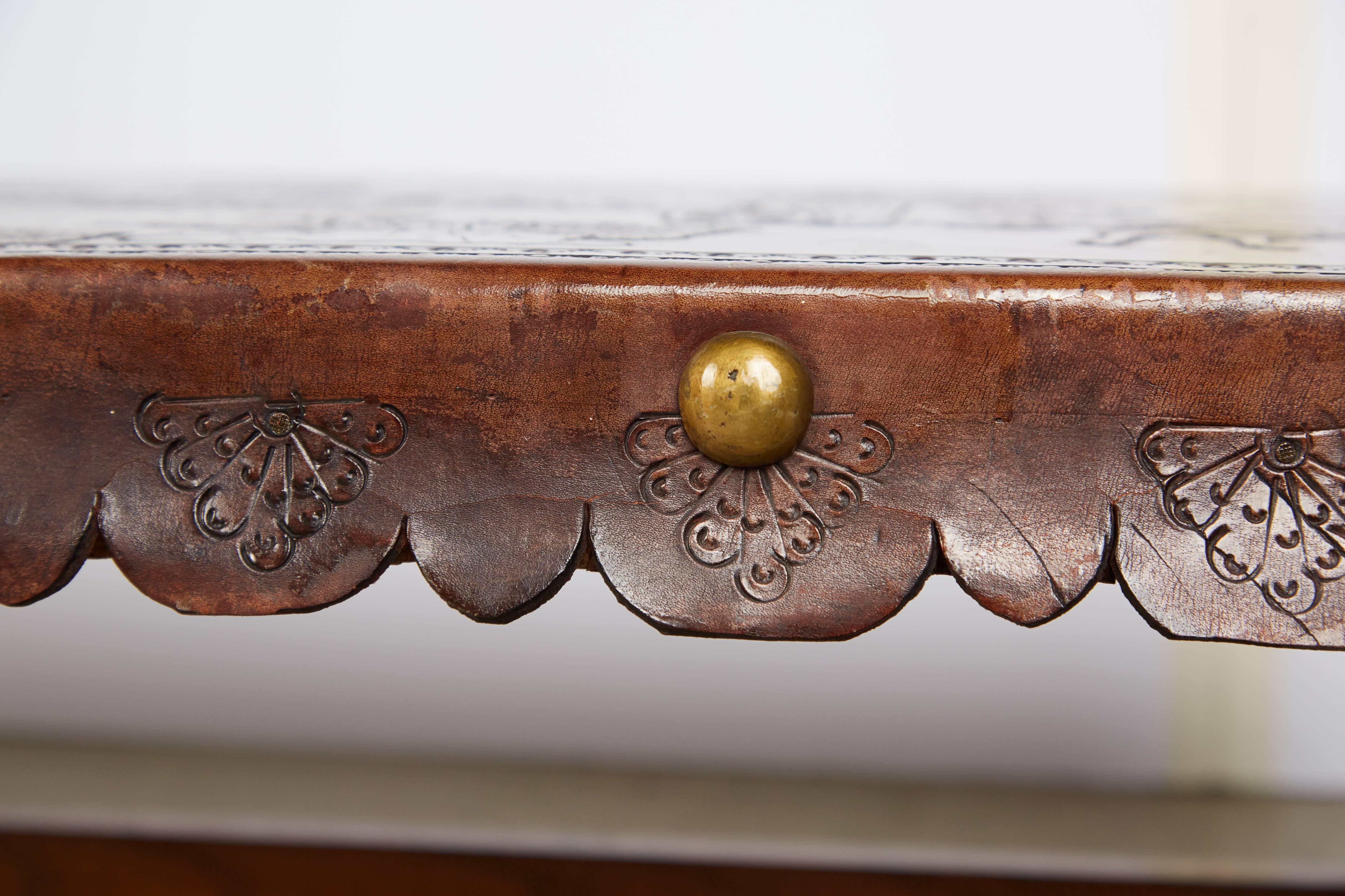 Brass Spanish Baroque Tooled Leather Bench or Coffee Table, Colonial Missionary Scene