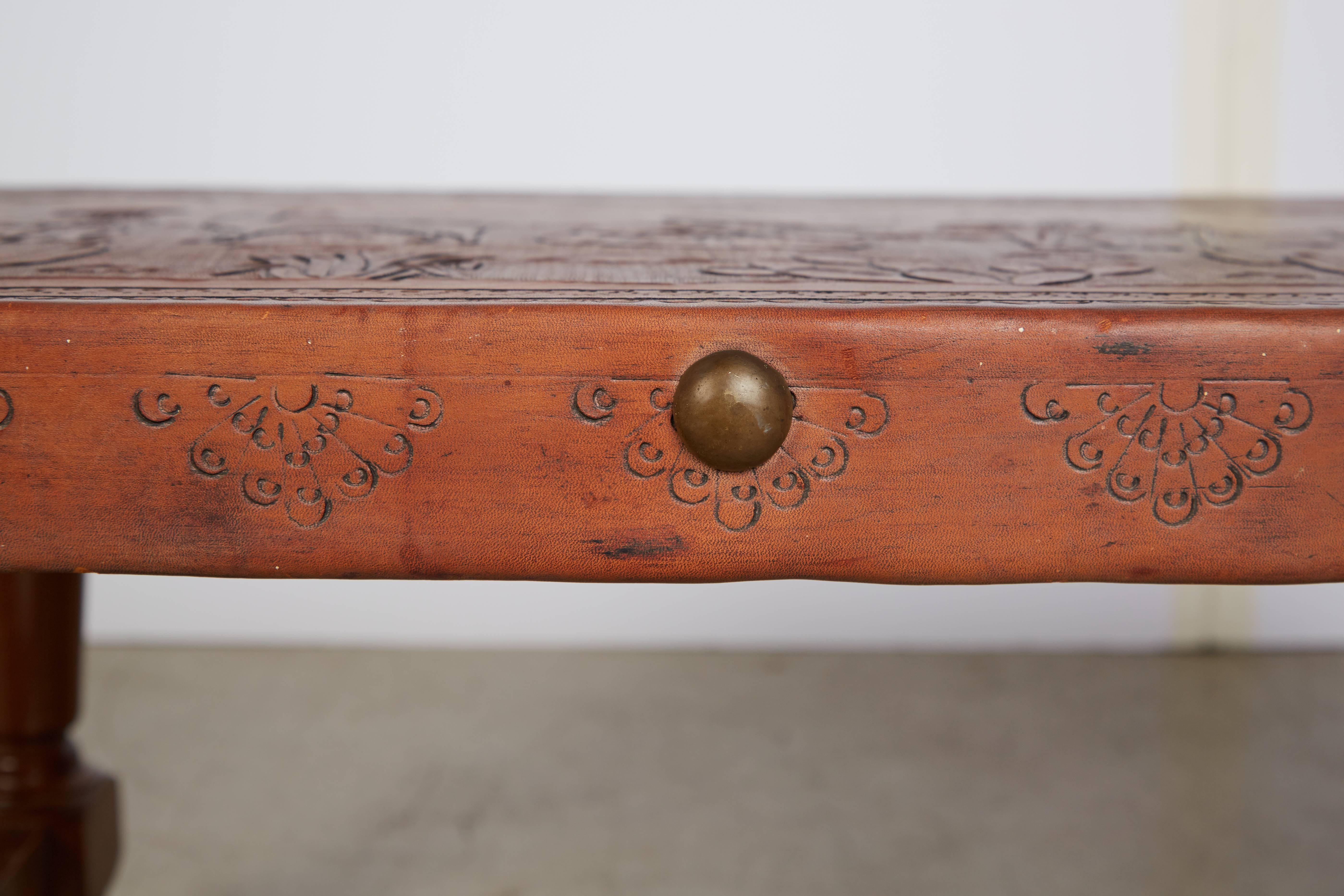 Tooled Leather Bench or Coffee Table with South American Landscape In Good Condition In Los Angeles, CA