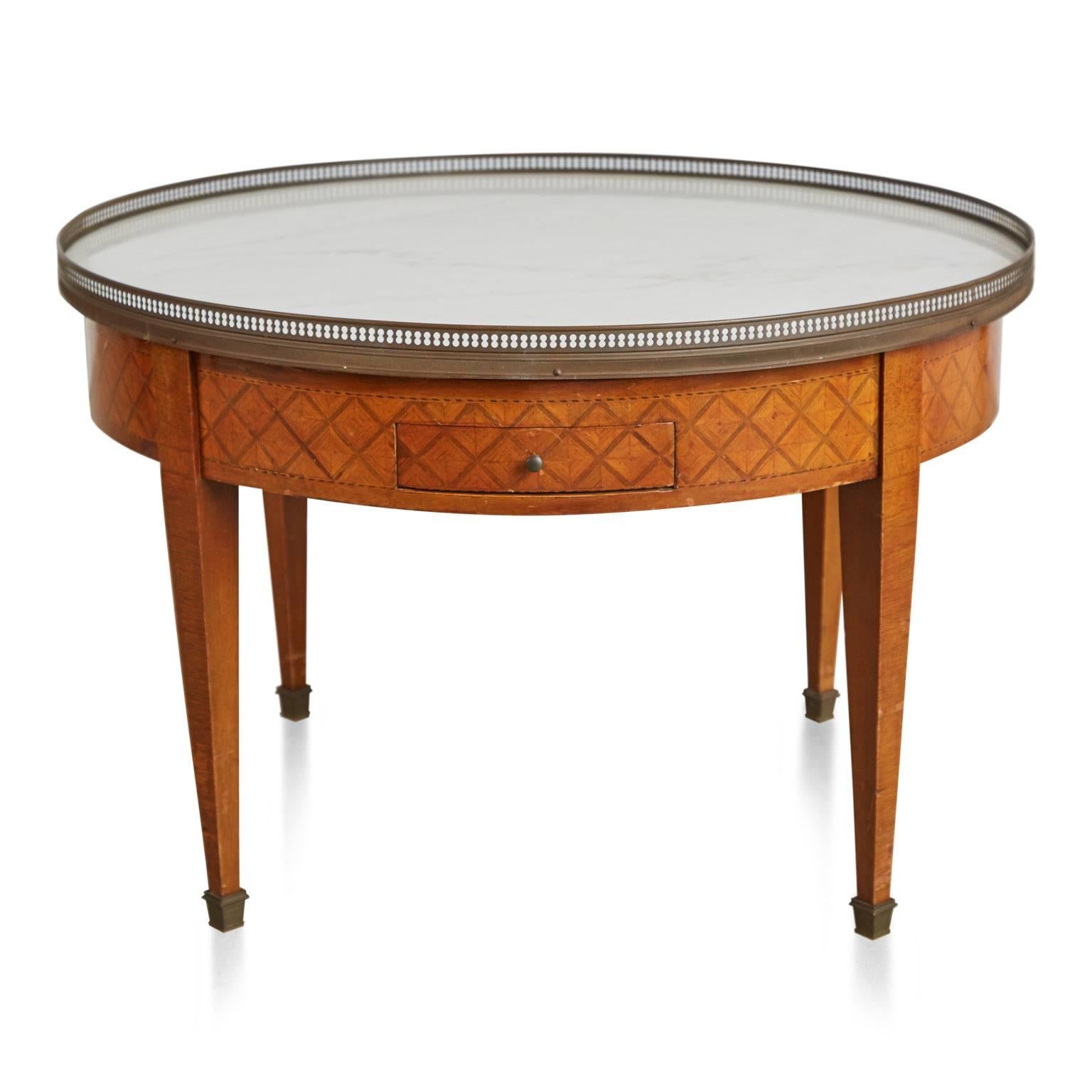 Neoclassical Revival French Parquet Bouillotte Table with Marble Top, circa 1940