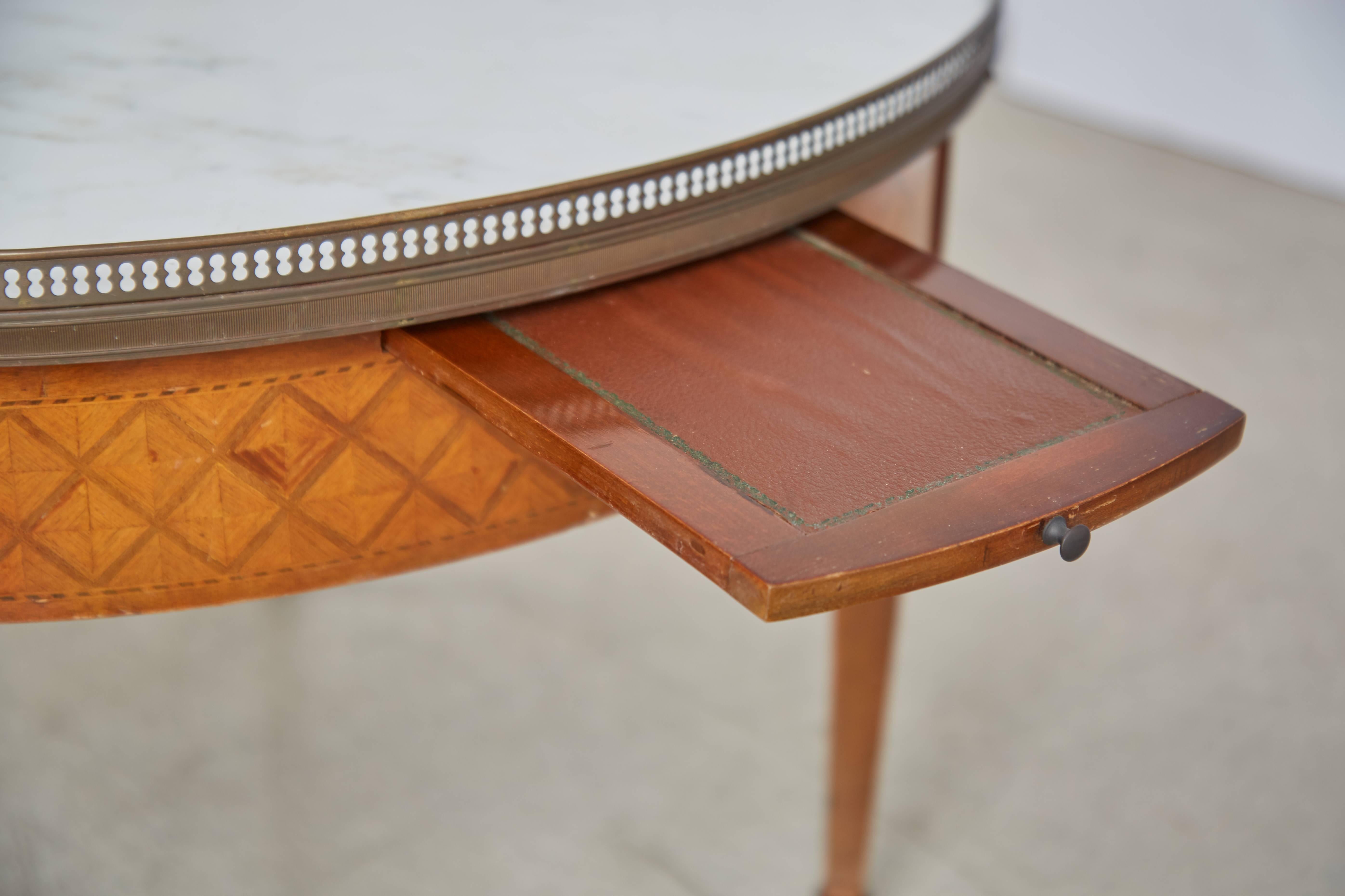 Mid-20th Century French Parquet Bouillotte Table with Marble Top, circa 1940