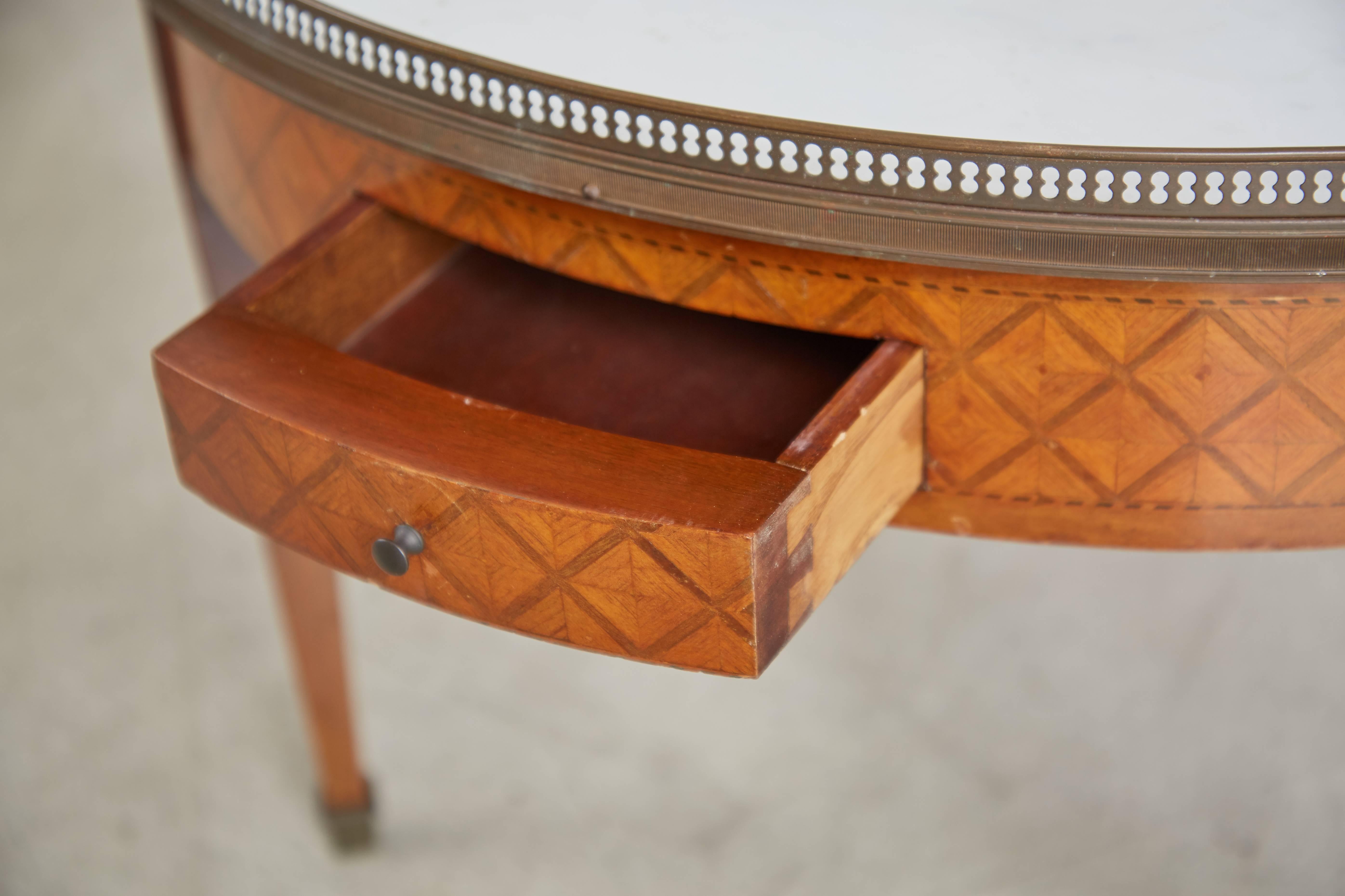 French Parquet Bouillotte Table with Marble Top, circa 1940 In Good Condition In Los Angeles, CA